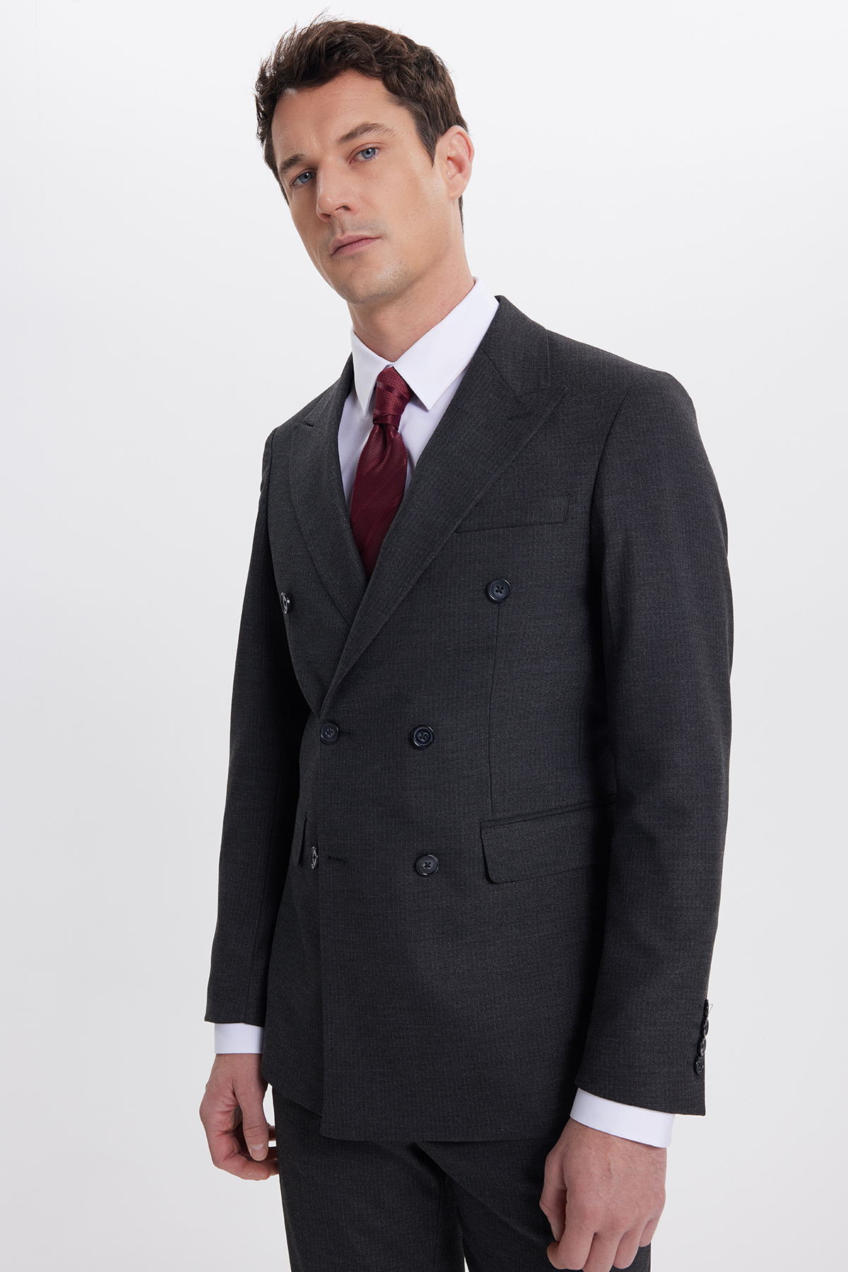 Tudors Erkek Slim Fit Sivri Yaka Çizgili Kapaklı Cepli Antrasit Takım Elbise görsel 3