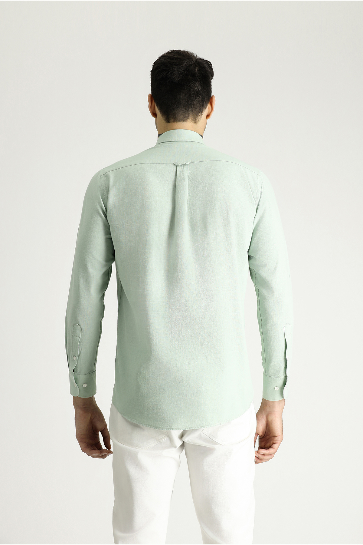 Kiğılı  Uzun Kol Rahat Kesim Düğmeli Yaka Pamuk Nefes Alabilen Keten Görünümlü Gömlek - Görsel 5