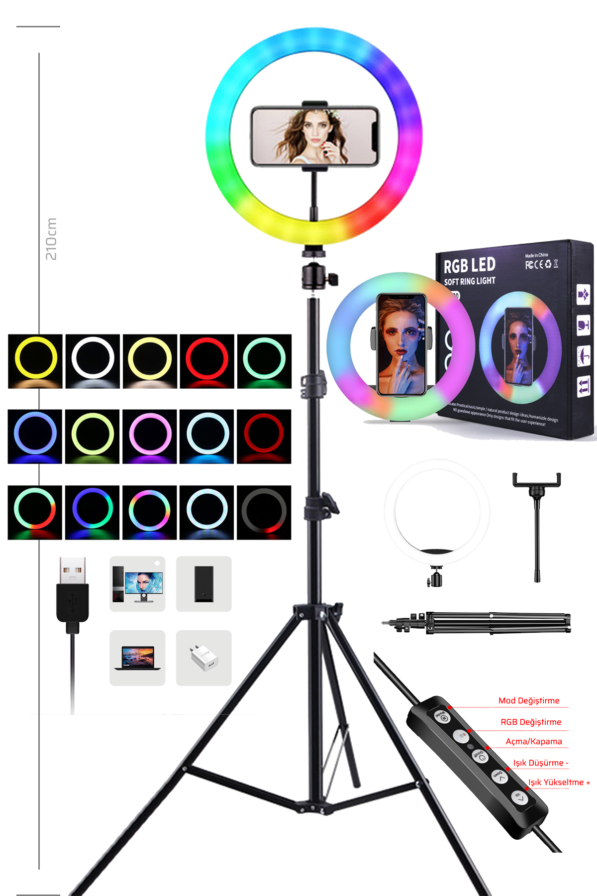 RGB Color Selfie Light 33CM TikTok Youtuber Makeup Live Streaming Phone Holder Led Ring Light