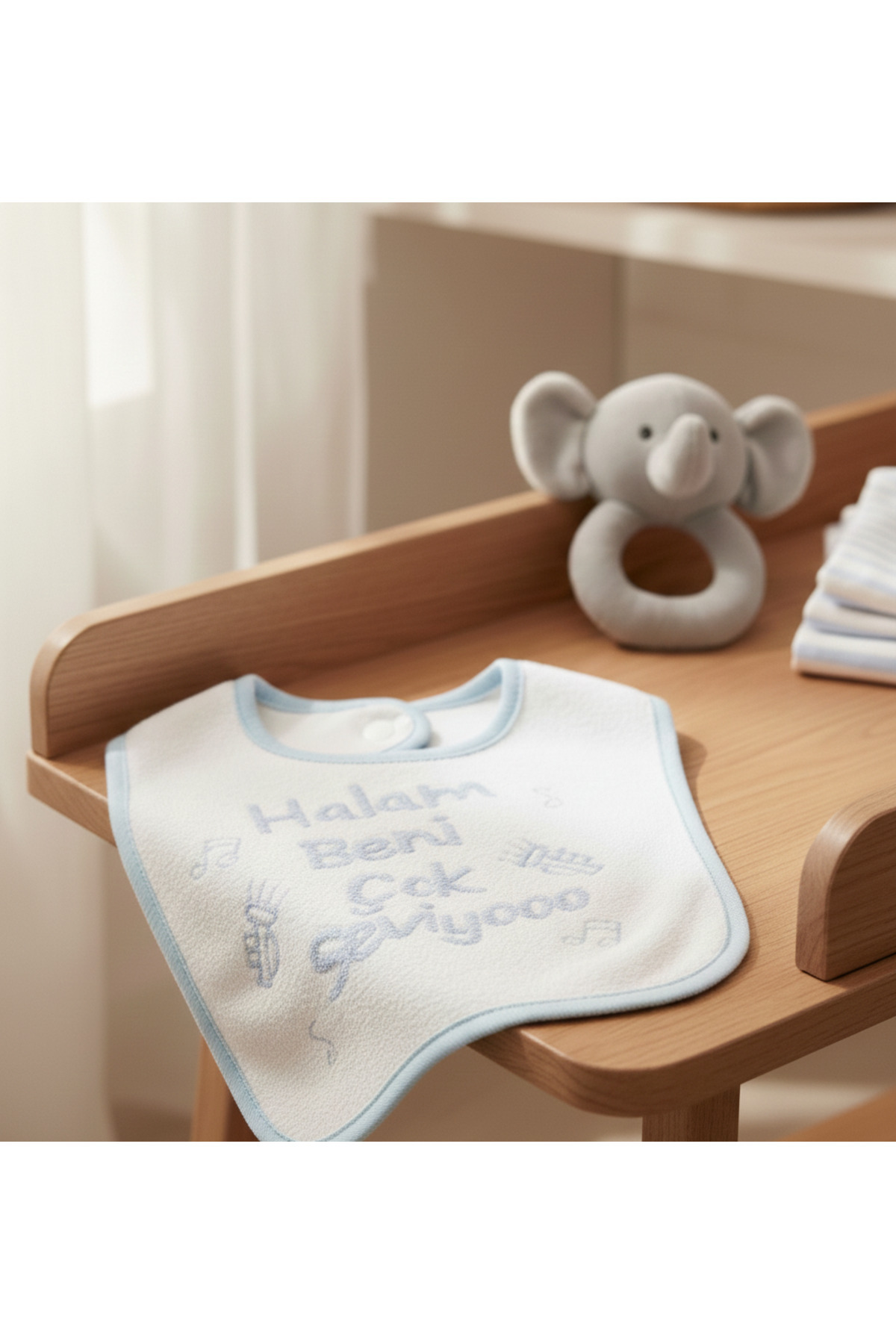 Babix Halam Beni Çok Seviyoo Yazılı Mama Önlüğü Mavi fotoğrafı 5 (önizleme)