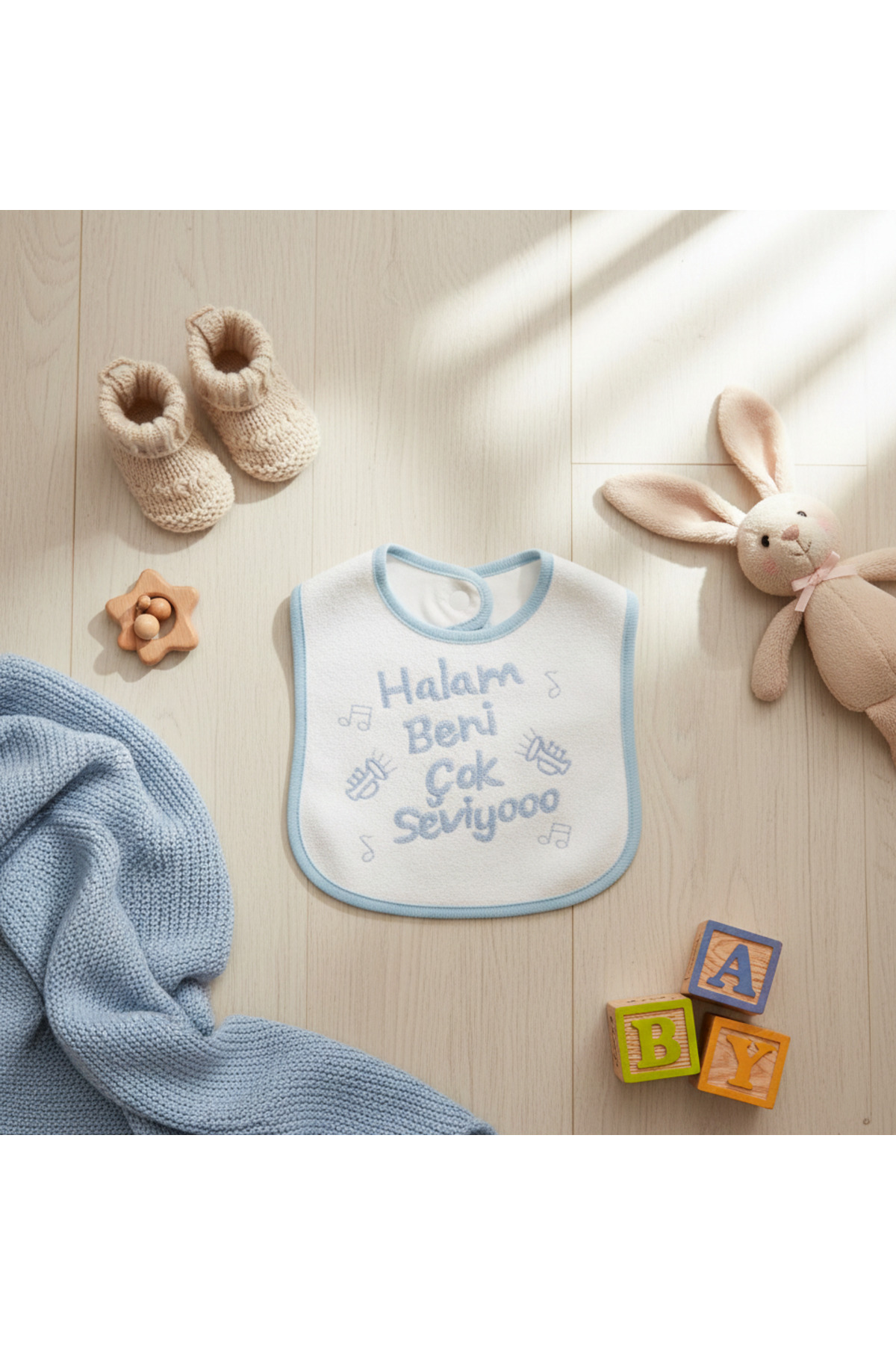 Babix Halam Beni Çok Seviyoo Yazılı Mama Önlüğü Mavi fotoğrafı 6 (önizleme)