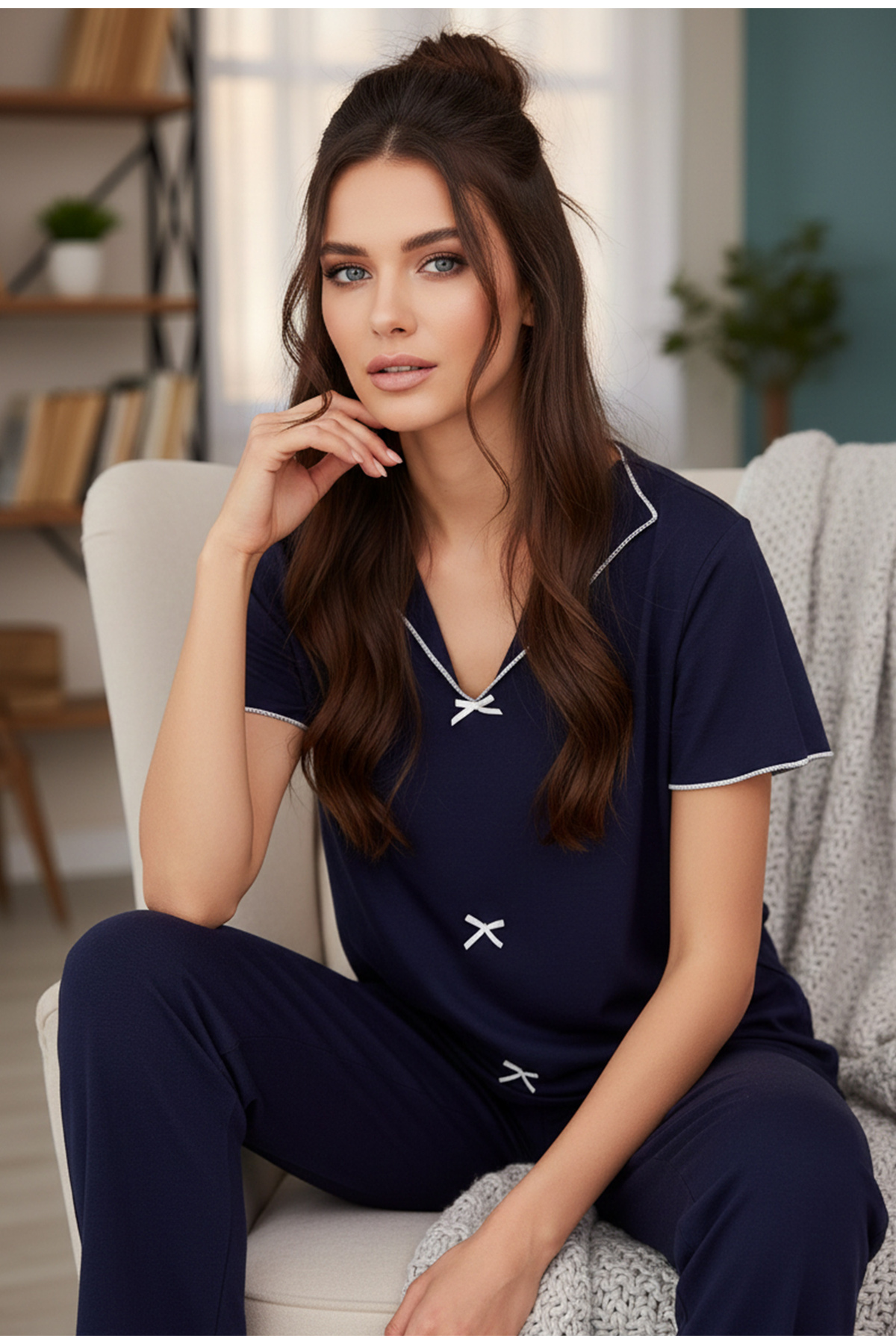 Siyah İnci Πλεκτό κοστούμι πιτζάμα Navy Blue Bow7871