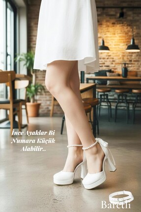 Famels Kadın Bileği İncili ve Baretli Topuklu Ayakkabı Gelin, Nikah, Nişan Ay...