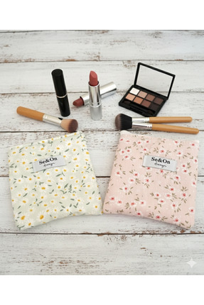 Se&On dizayn İkili set cicek ve papatya desen beyaz fermuarlı astarlı kucuk c...