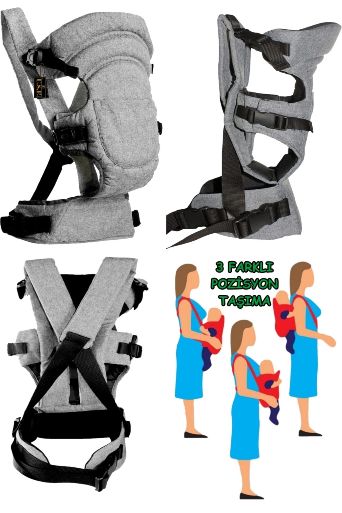 USF Portbebe Ana Kucağı Bebek Taşıma Çift Yönlü Kanguru Bebek Bakım Çantası 3 Lü Set fotoğrafı 5 (önizleme)