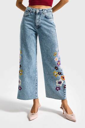 it's basic Kadın Snow Kot Rengi Çiçek Nakışlı Culotte Fit Tasarım Denim
