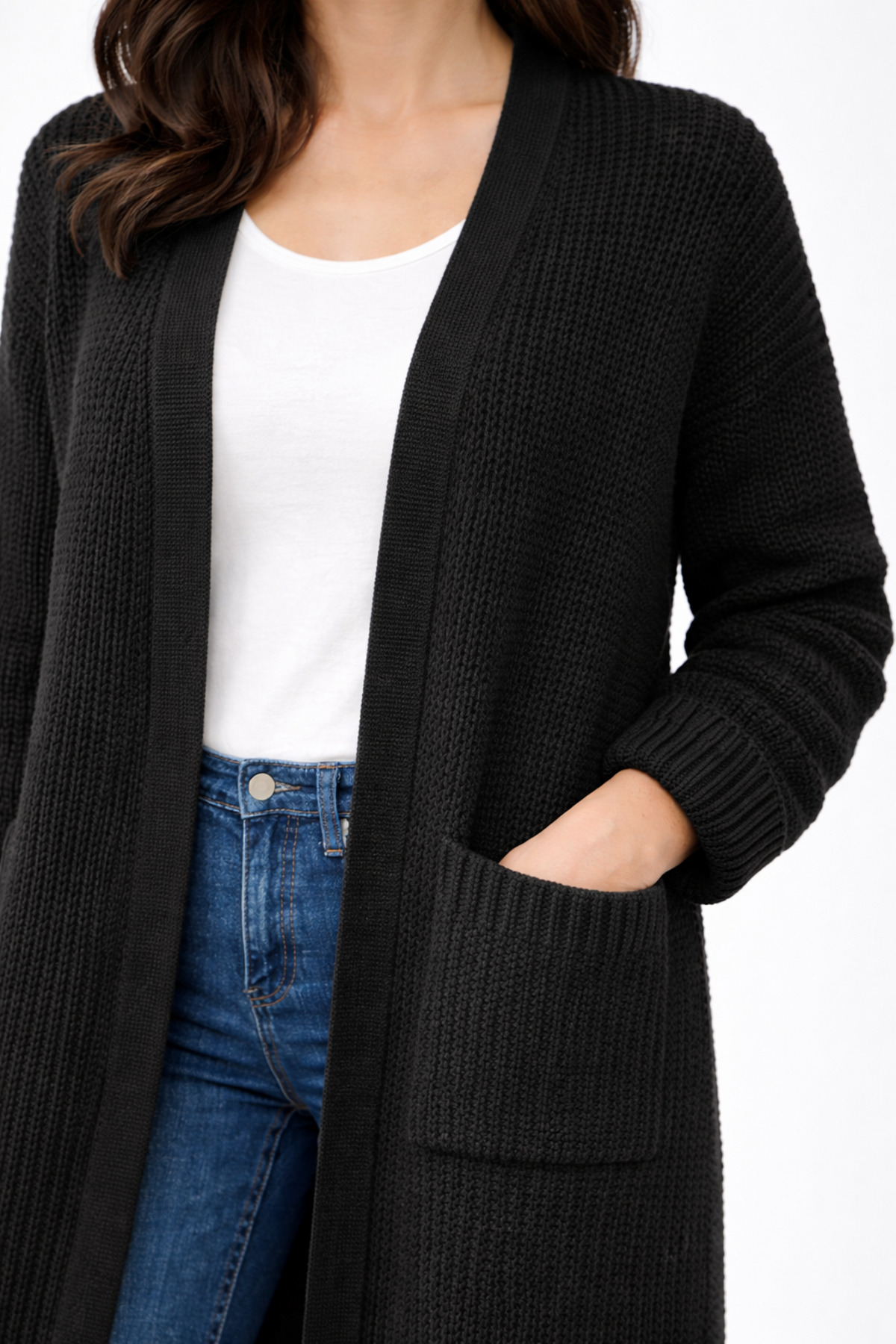 DM DİLAN MODA  KADIN SİYAH RENK STANDART BEDEN ÇİFT CEPLİ KOL KATLAMALI SELANİK ÖRGÜ UZUN HIRKA - Görsel 2