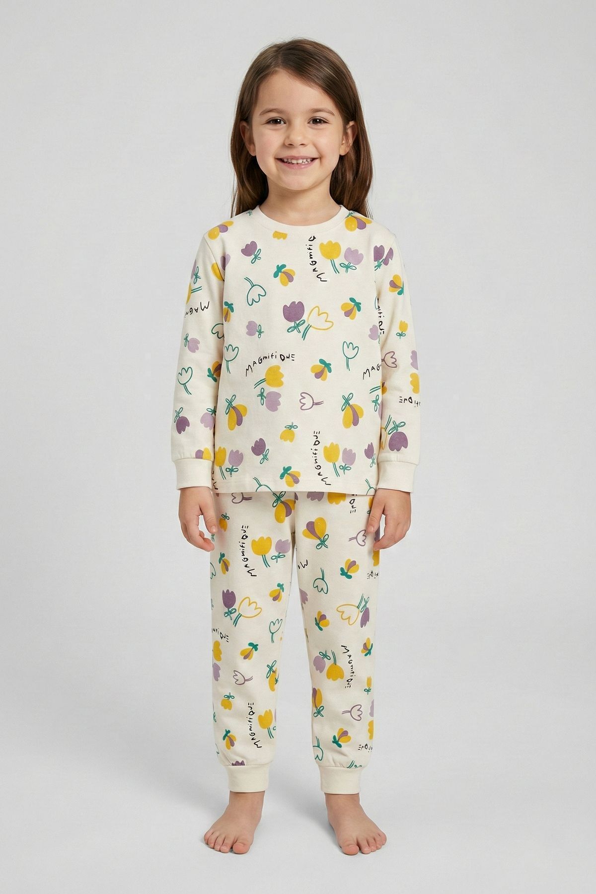 zuzunga Magnifi Ove Yazılı Lale Baskılı Kız Çocuk Pijama Takımı fotoğrafı 4 (önizleme)