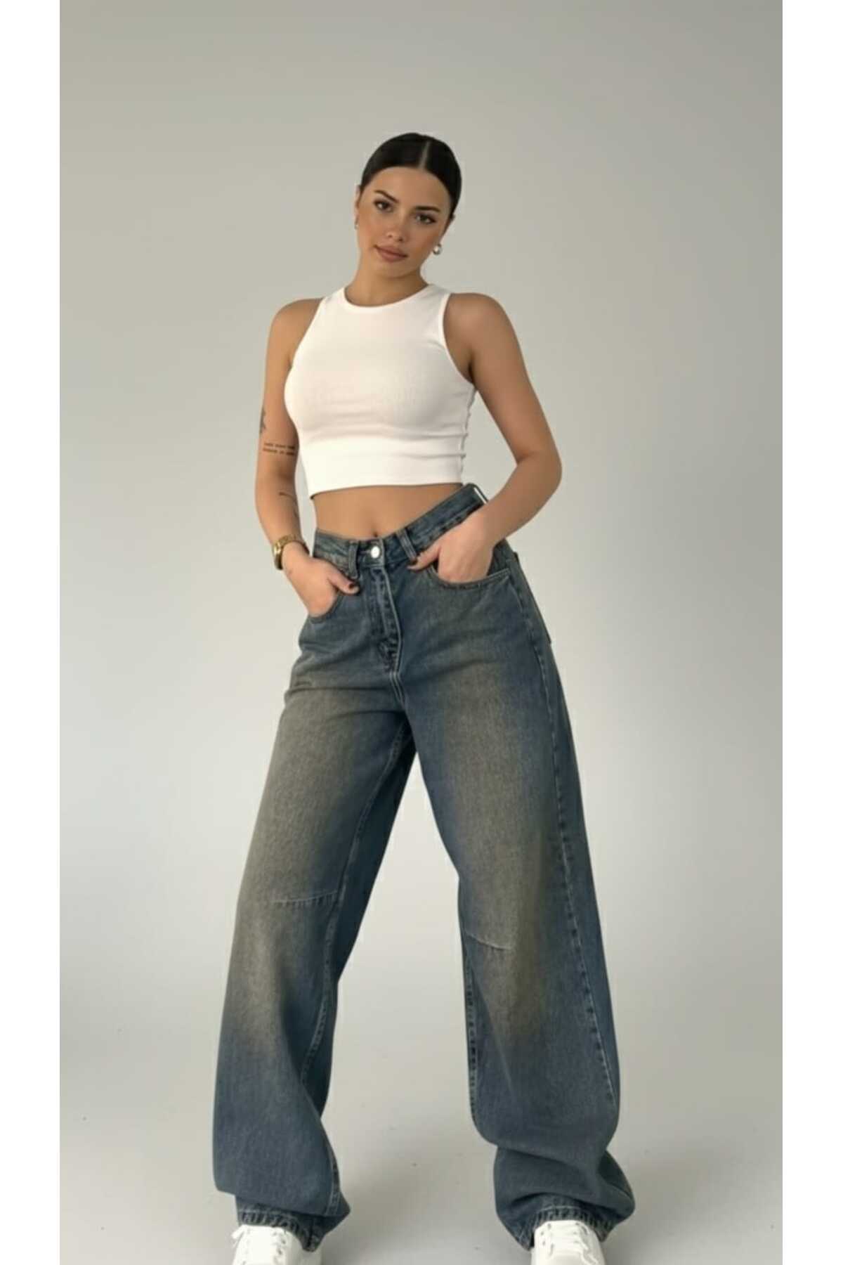 Trn JNS  Avril Mavi Bakır Tint Toka Detaylı Bol Kesim Geniş Paça Rahat Baggy Jean Kot Salaş Kadın Pantolon - Görsel 7