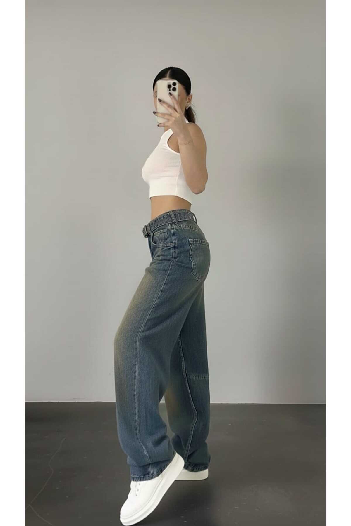 Trn JNS  Avril Mavi Bakır Tint Toka Detaylı Bol Kesim Geniş Paça Rahat Baggy Jean Kot Salaş Kadın Pantolon - Görsel 3