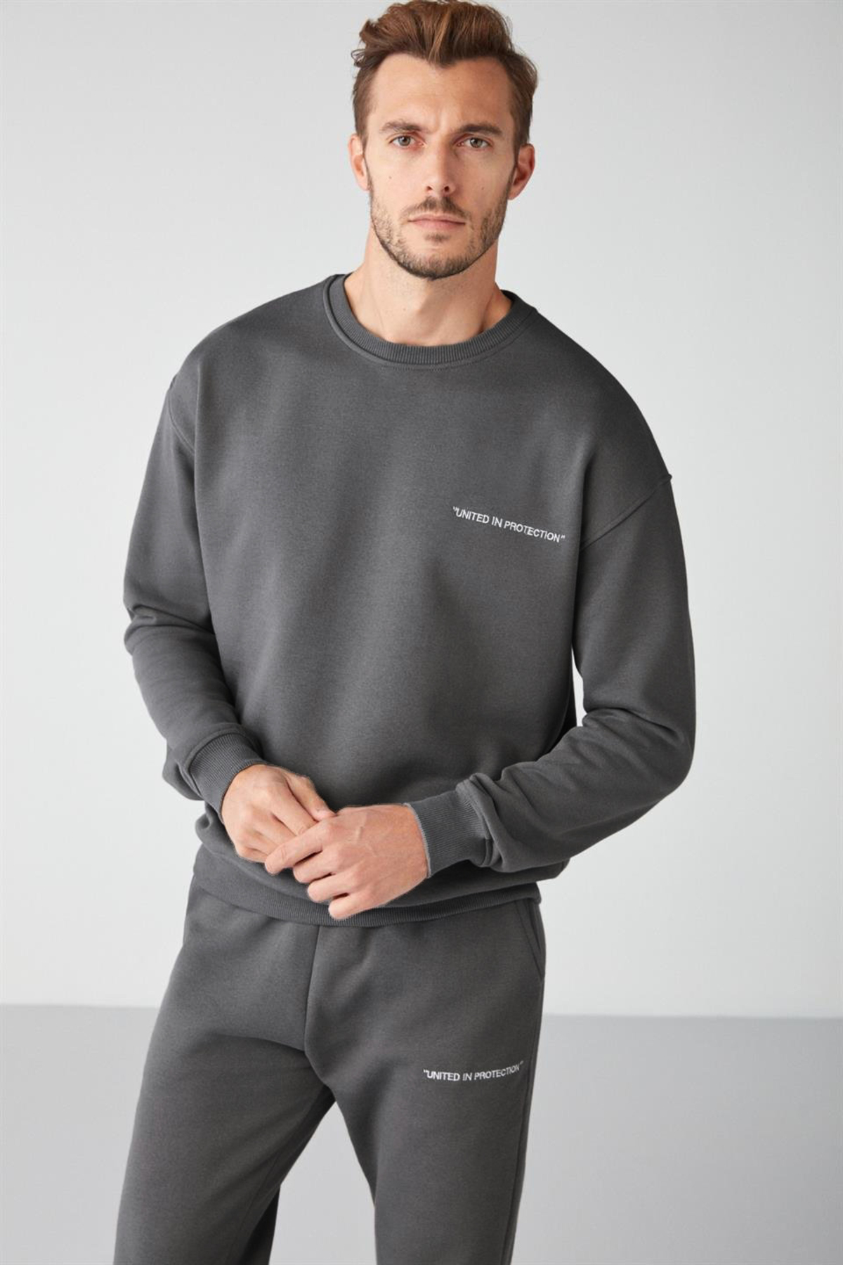 GRIMELANGE  Marshall Erkek Pamuklu Içi Polarlı Nakışlı Relaxed Gri Eşofman Takımı - Görsel 2