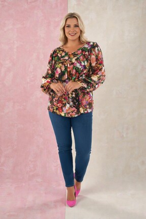 SHOPPEBUTİK Büyük Beden Renkli Çiçek Desenli Roba Büzgülü Uzun Kollu Bluz Kol...