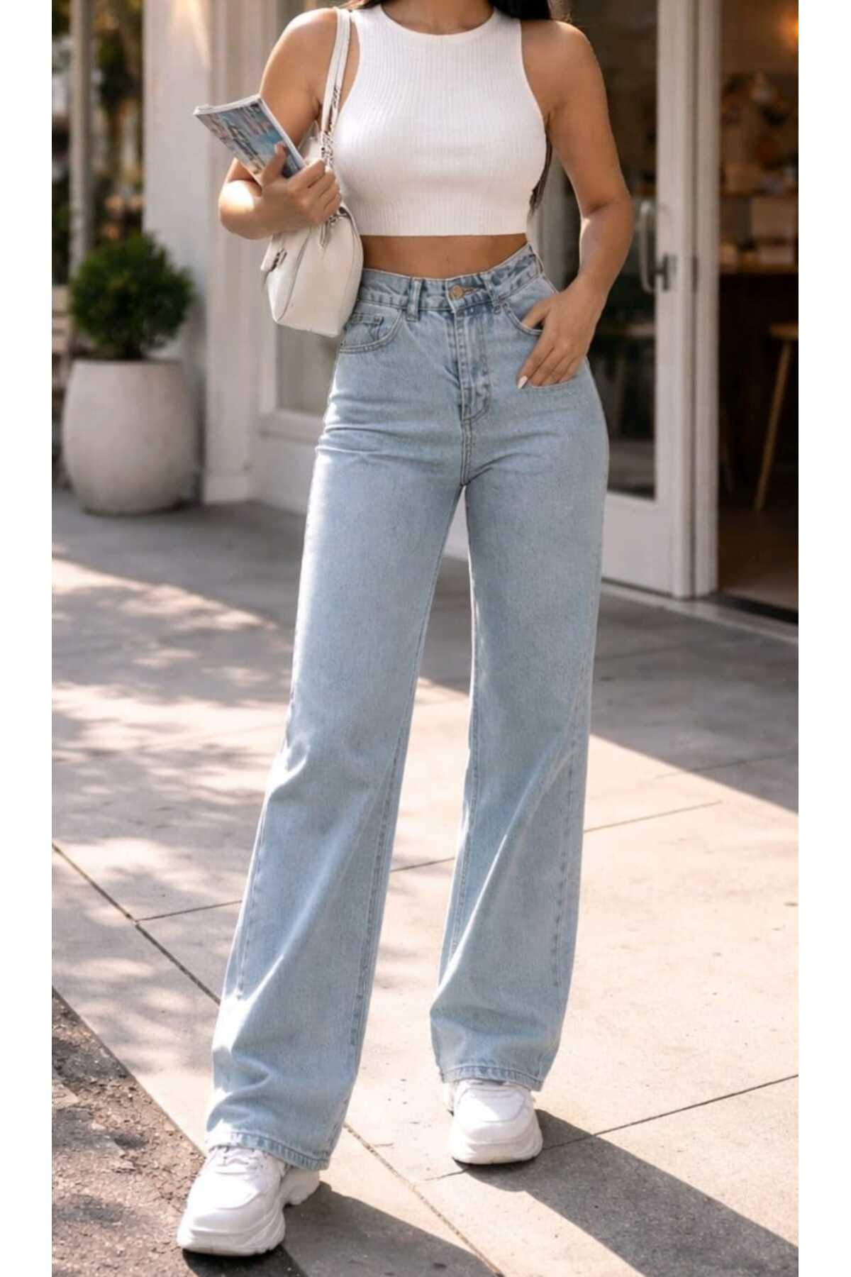 NWC Efes albastru deschis Snow material elastic Super talie înaltă Denim cu p...