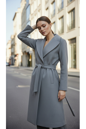 Moda Banuş Kadın Kuşaklı Cepli Yırtmaçlı Astarlı Tüylenmez Kaşe Kaban Gri