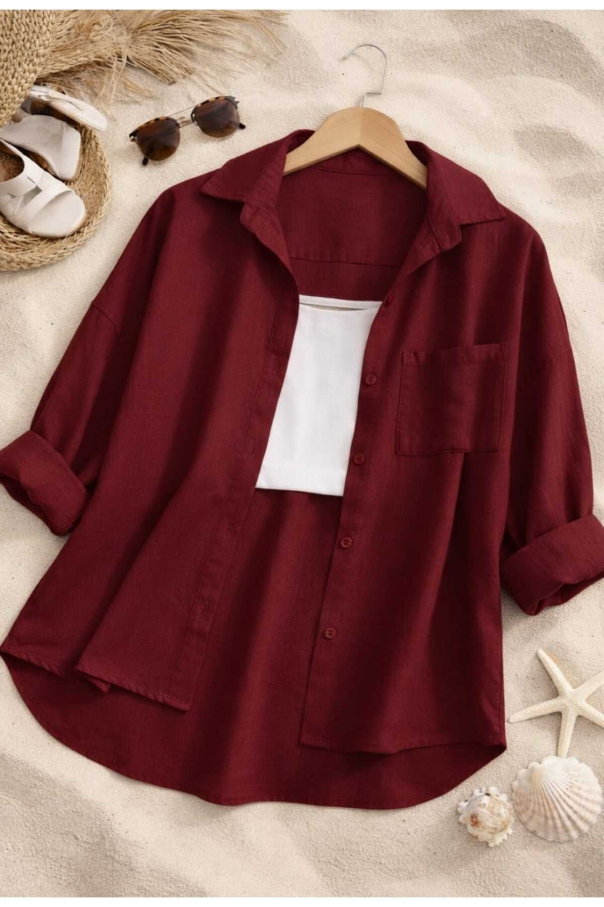 blackbonds  Kadın bordo Keten Gömlek Yazlık Oversize Gömlek Yeni Sezon tek cepli