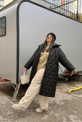 CHUL Büyük Beden Fermuarlı Çıtçıtlı Dik Yaka Kemerli Uzun Şişme Mont - Siyah