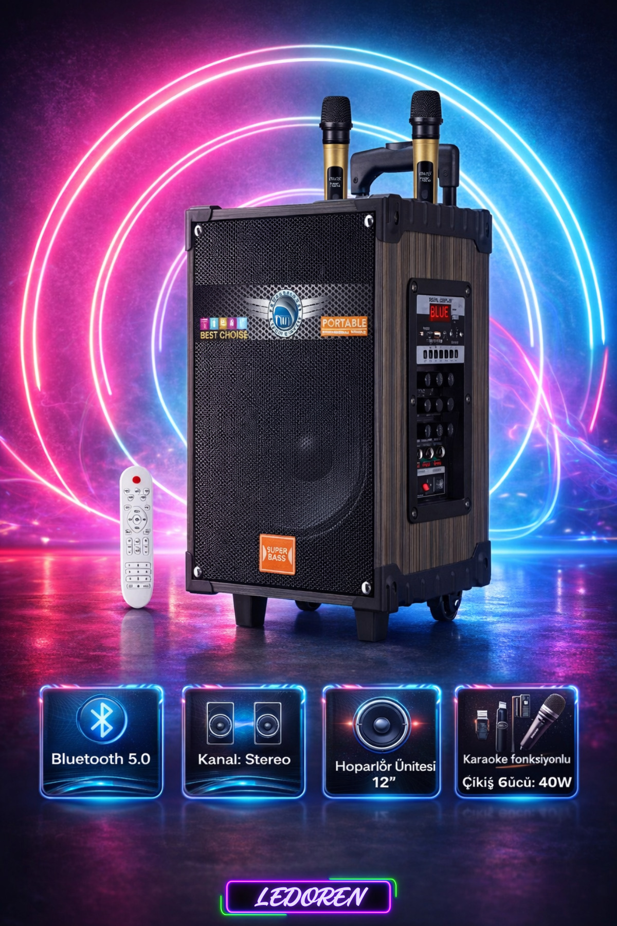 L'eDoren LT-912 Süper Bass Kumandalı Şarjlı 2 Mikrofonlu Hoparlör