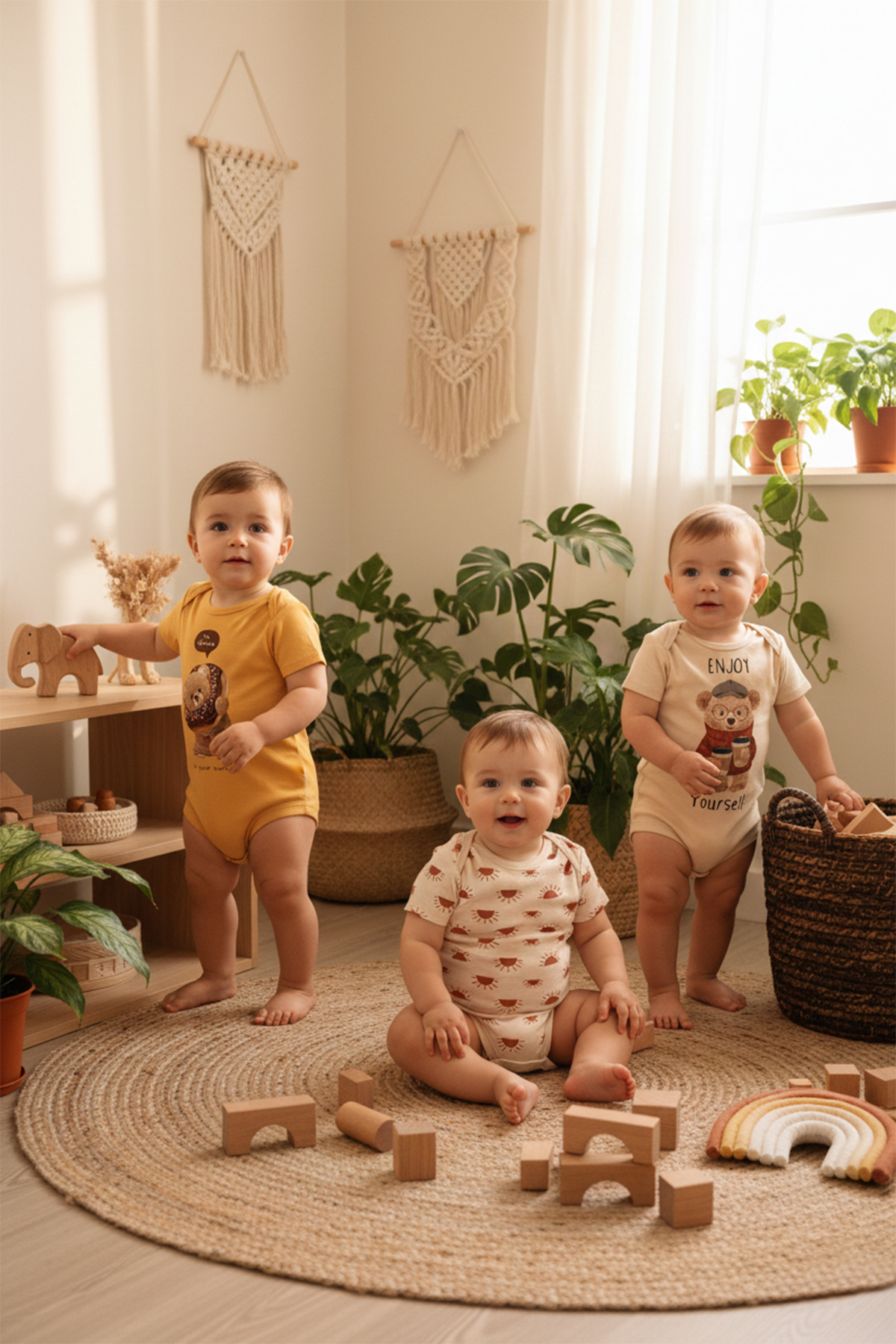 MAHFEL %100 Pamuklu 3'lü Organik Baskılı Kısa Kollu Çıtçıtlı Bebek Body Zıbın fotoğrafı 2 (önizleme)