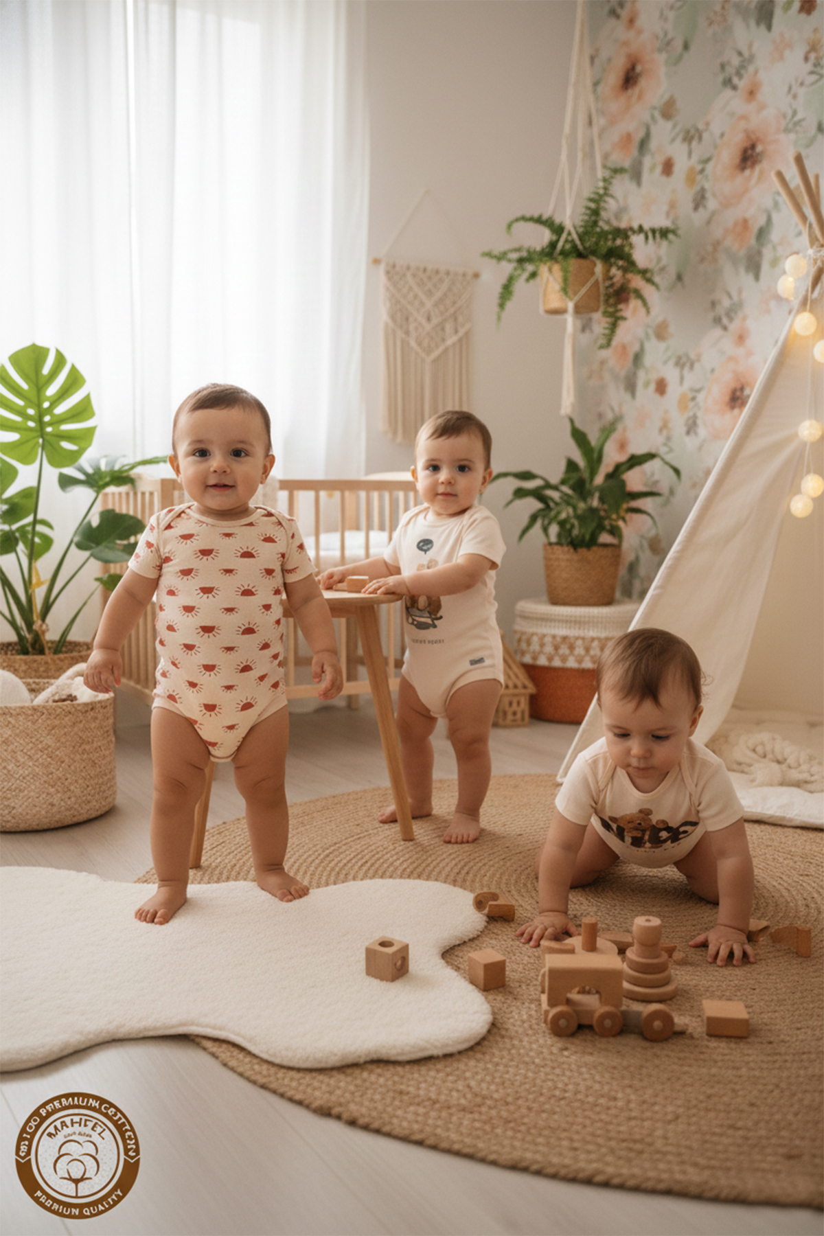 MAHFEL %100 Pamuklu 3'lü Organik Baskılı Çıtçıtlı Bebek Body Zıbın fotoğrafı 2 (önizleme)