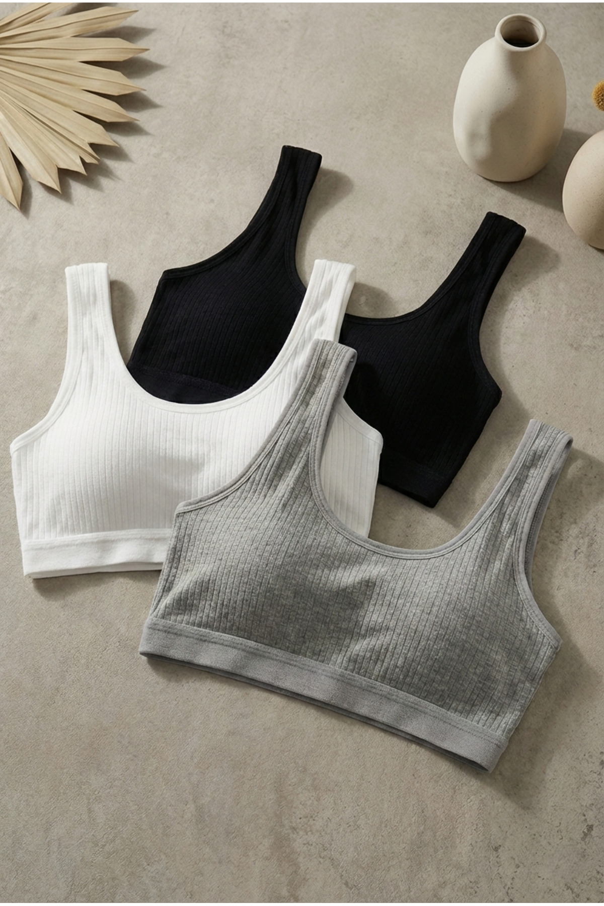 3'lü Set (Siyah Beyaz Gri) Fitilli Bralet Set - Pedli Sporcu Sütyeni - Yüksek Konfor - Crop Büstiyer
