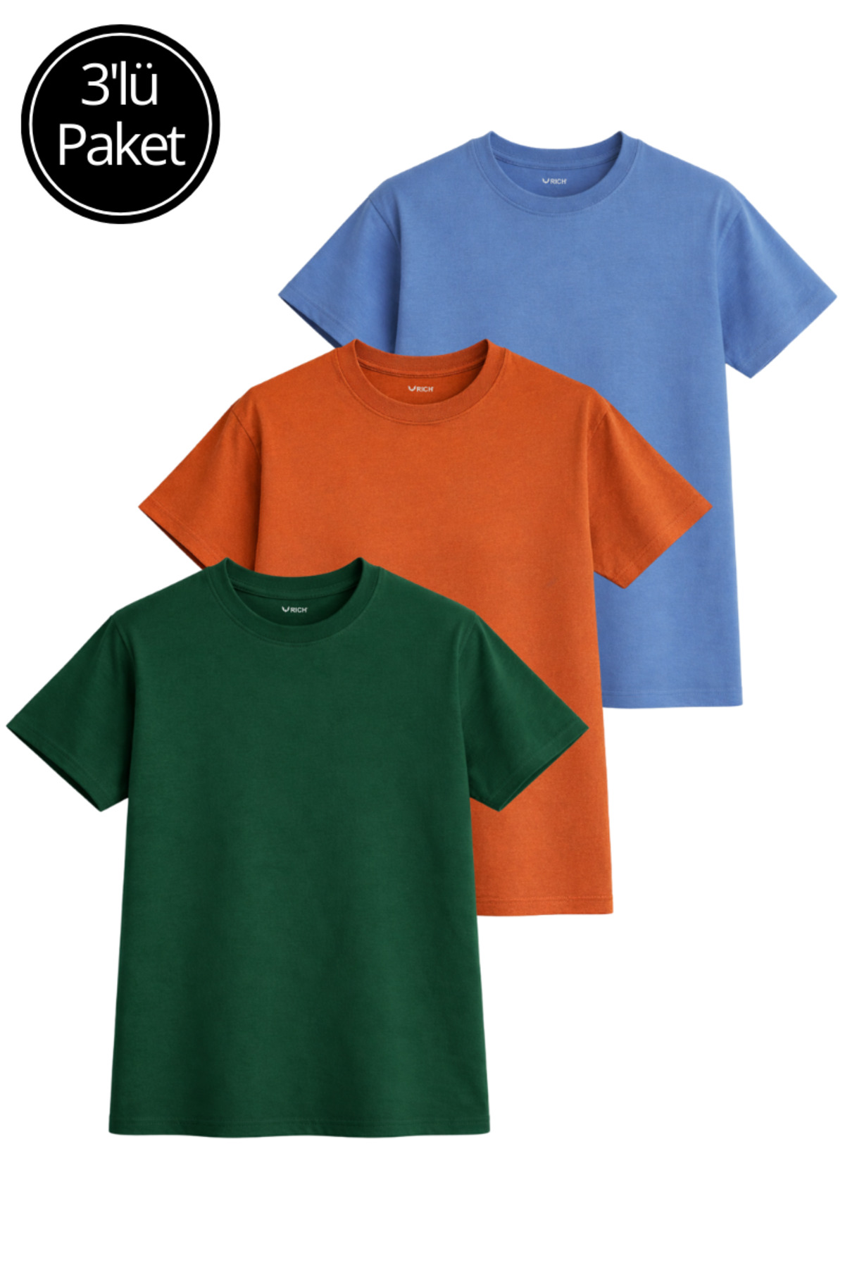 Women's 3-Pack Blue-Green-Orange 100% Cotton Oversize Basic T-Shirt Crew Neck Relaxed T-Shirt