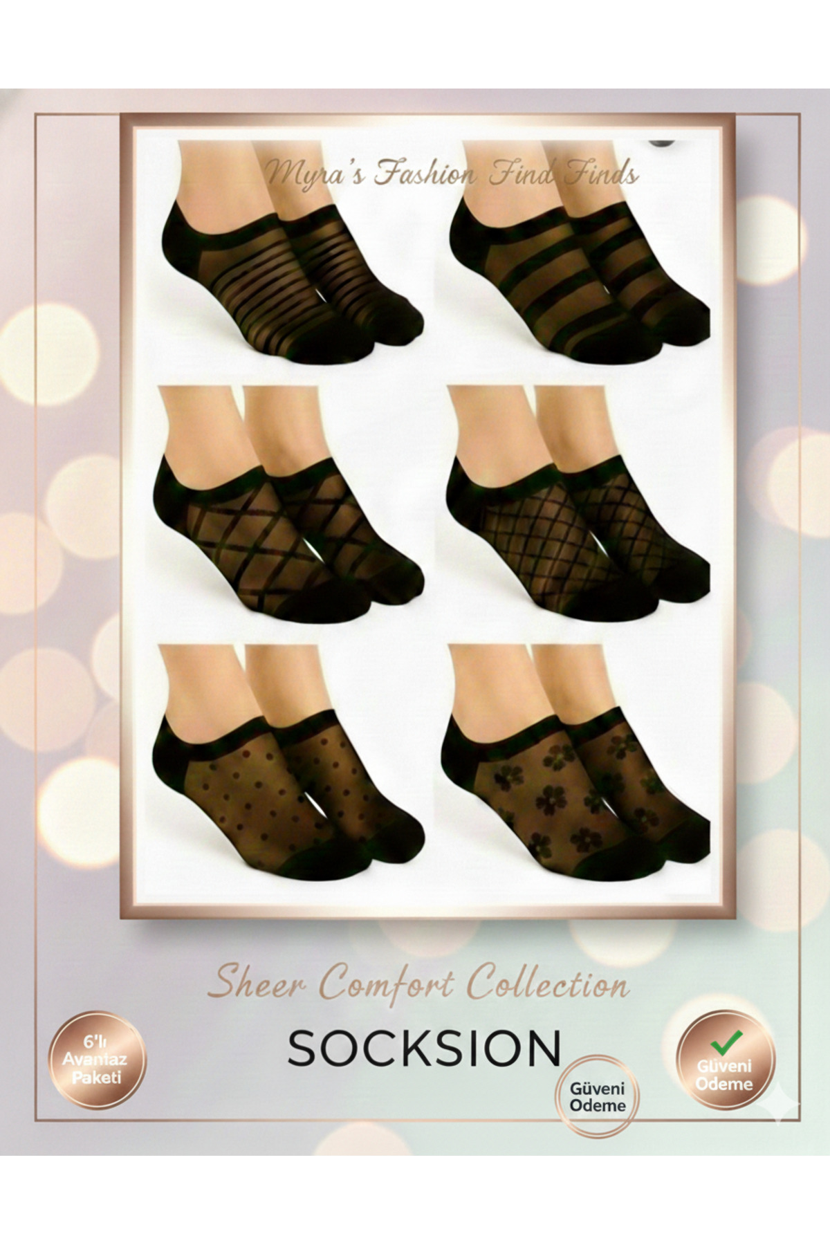 SOCKSHION Kadın Desenli 6'lı Siyah Tül Patik Çorap