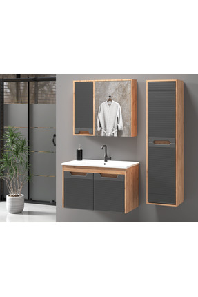 ROSEART BANYO SAFİR ATLANTİK ÇAM ANTRASİT 80CM BANYO DOLABI SETİ ÜST MODÜL + ...