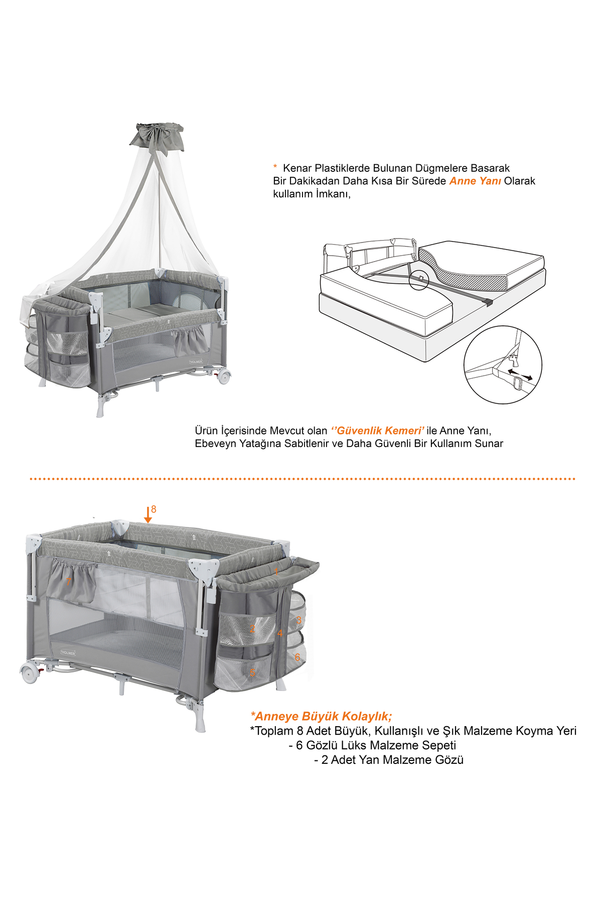 Holmer ALOEVERA YATAK'lı Cibinlikli Beşik/Anne Yanı/Park Yatak 70x110cm AÇIK GRİ fotoğrafı 4 (önizleme)