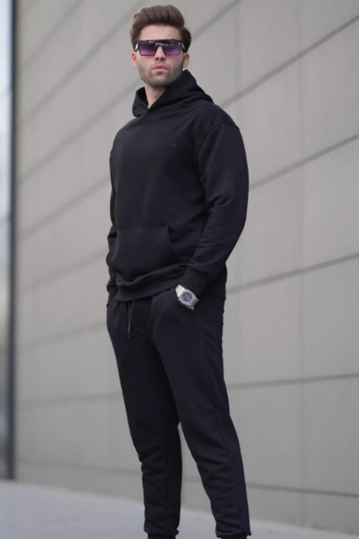 Men's Black Winter Hooded Oversize Cotton Tracksuit 3 Thread