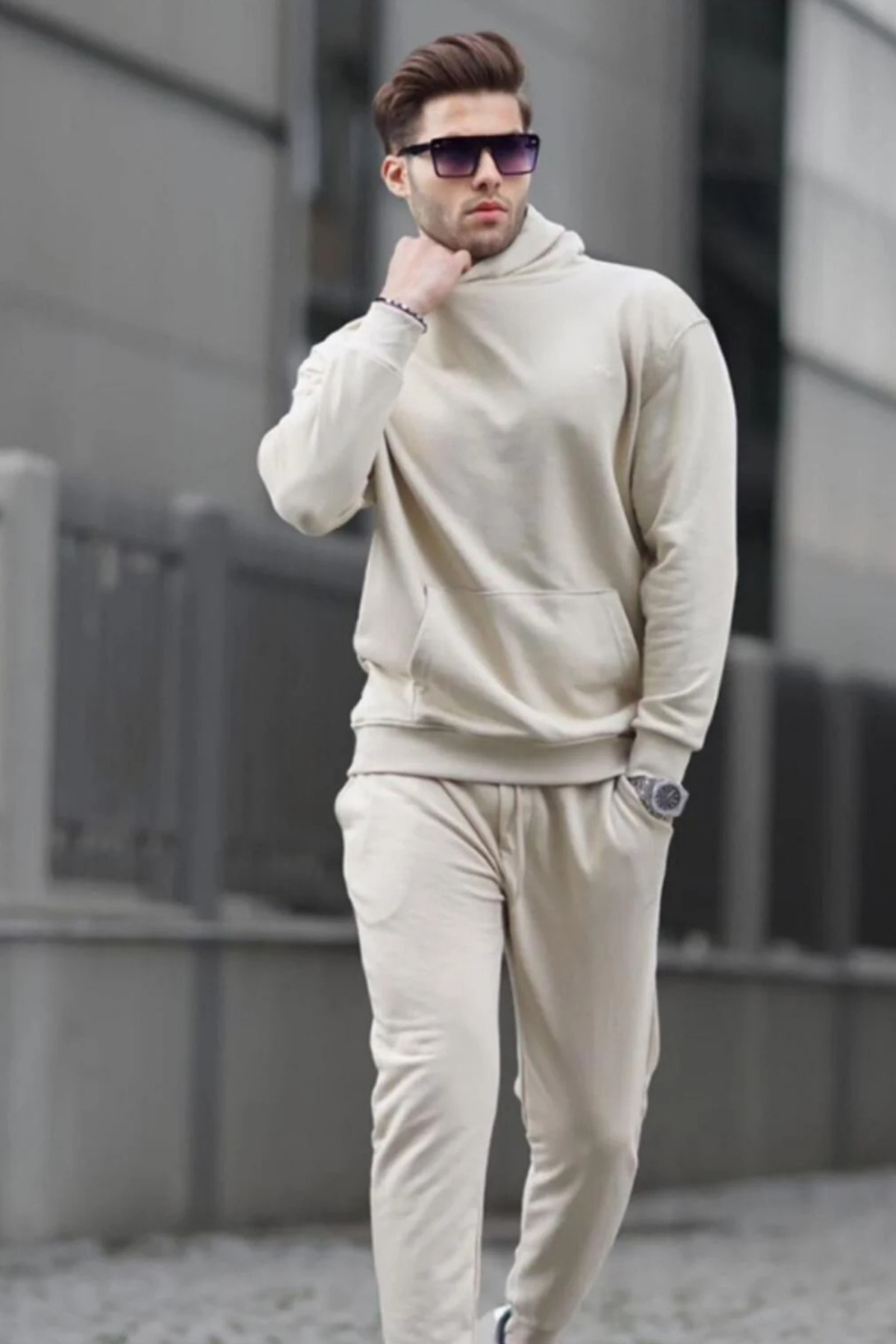 Men's Beige Winter Hooded Oversize Cotton Tracksuit 3 Thread