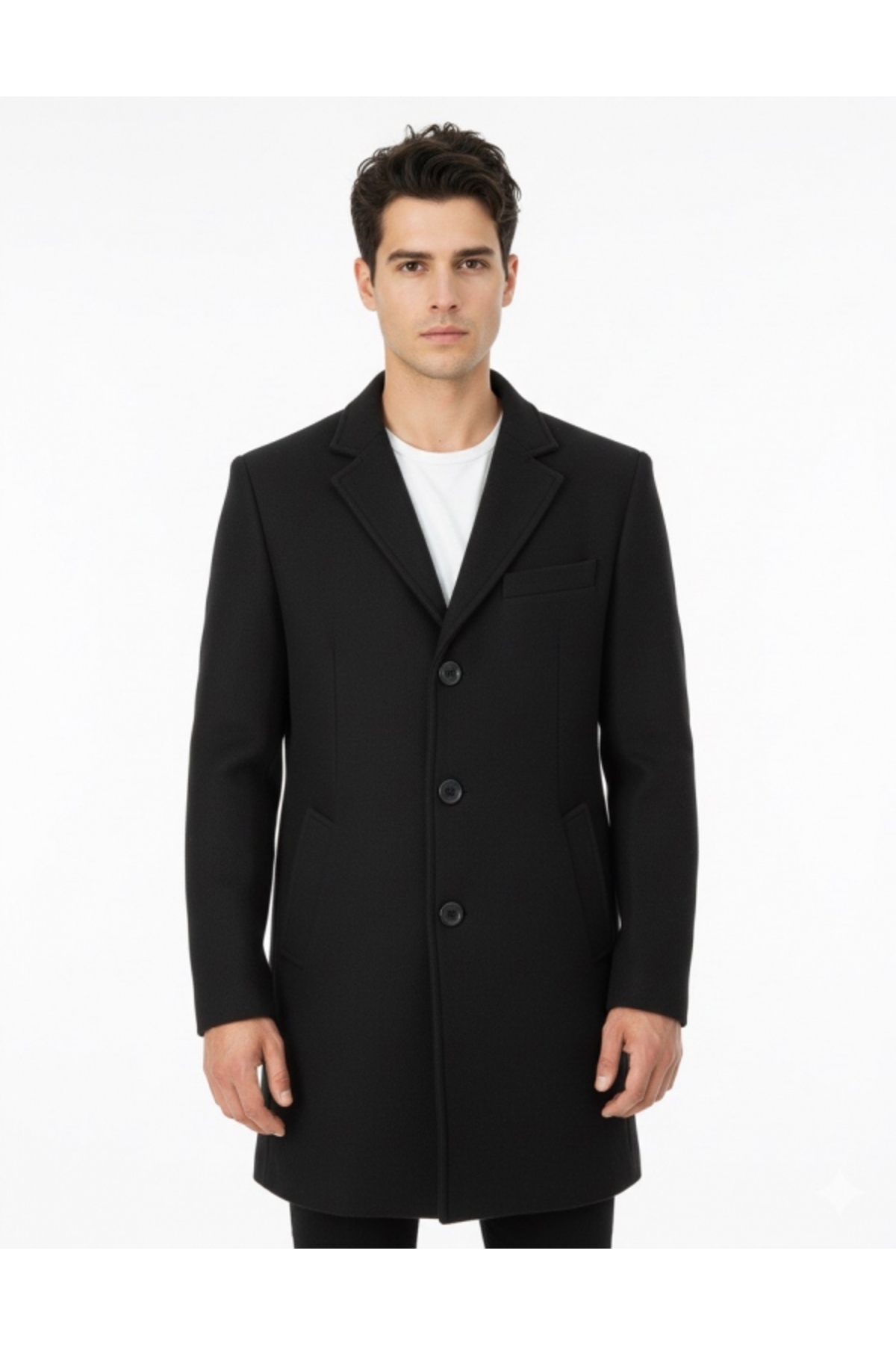 SÜVARİ  Slim Fit Sivri Yaka Erkek Koyun Yünlü Düz Siyah Kaban