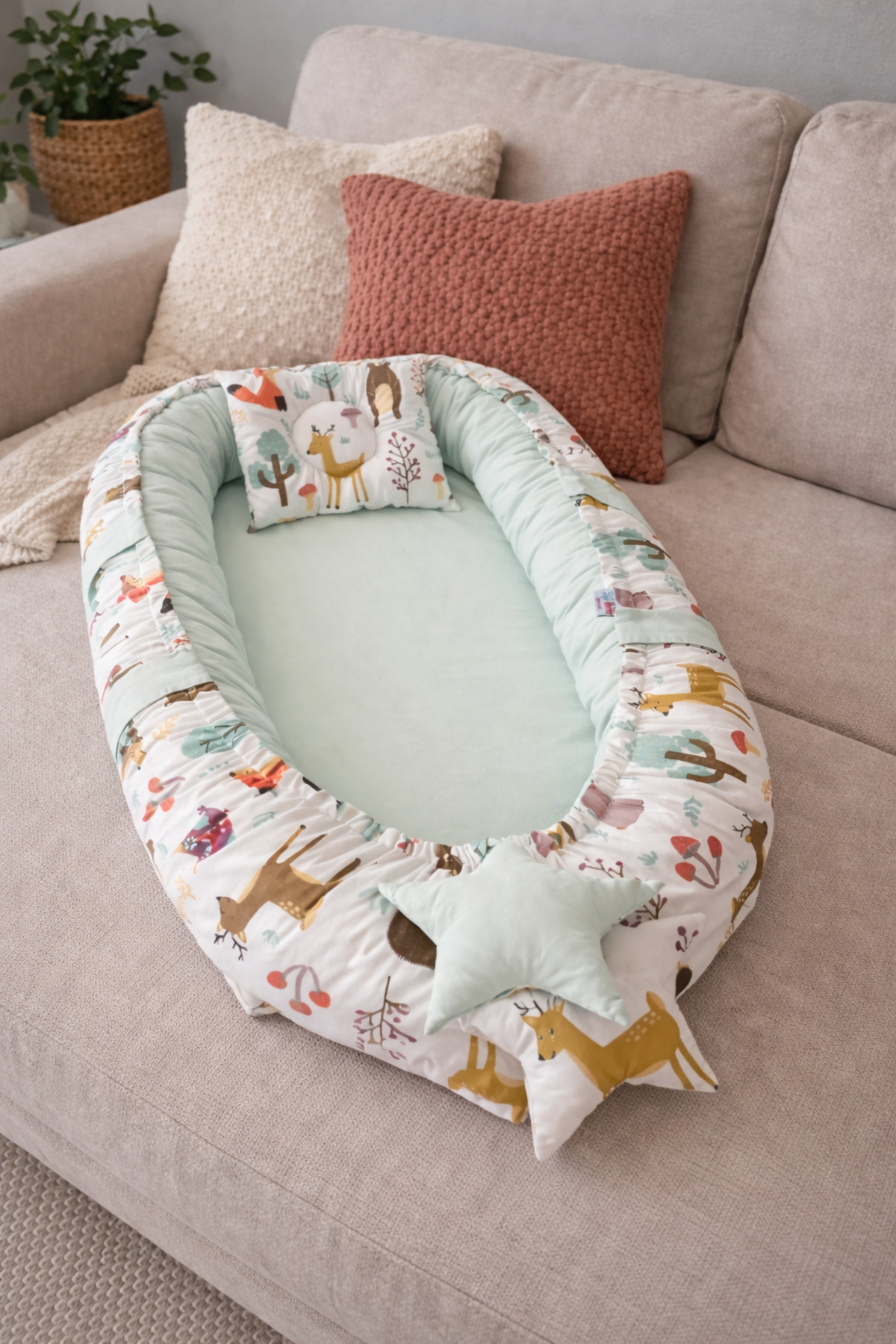 Jaju Baby Babynest Sevimli Orman Lüx Tasarım Organik Pamuk Kumaş Taşınabilir Anne Yanı Baby Nest fotoğrafı 2 (önizleme)