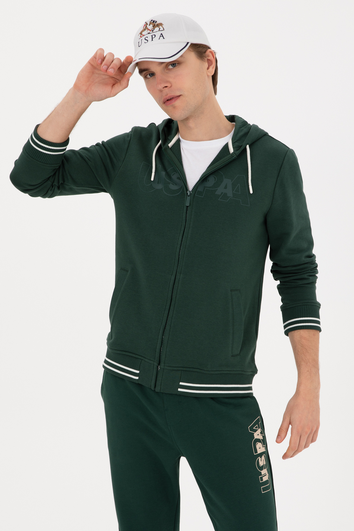 یو اس پولو ژاکت بافتنی مردانه معمولی زیپ‌دار کلاه‌دار سبز تیره کد ۵۰۳۱۶۳۵۵-VR۰۷۹