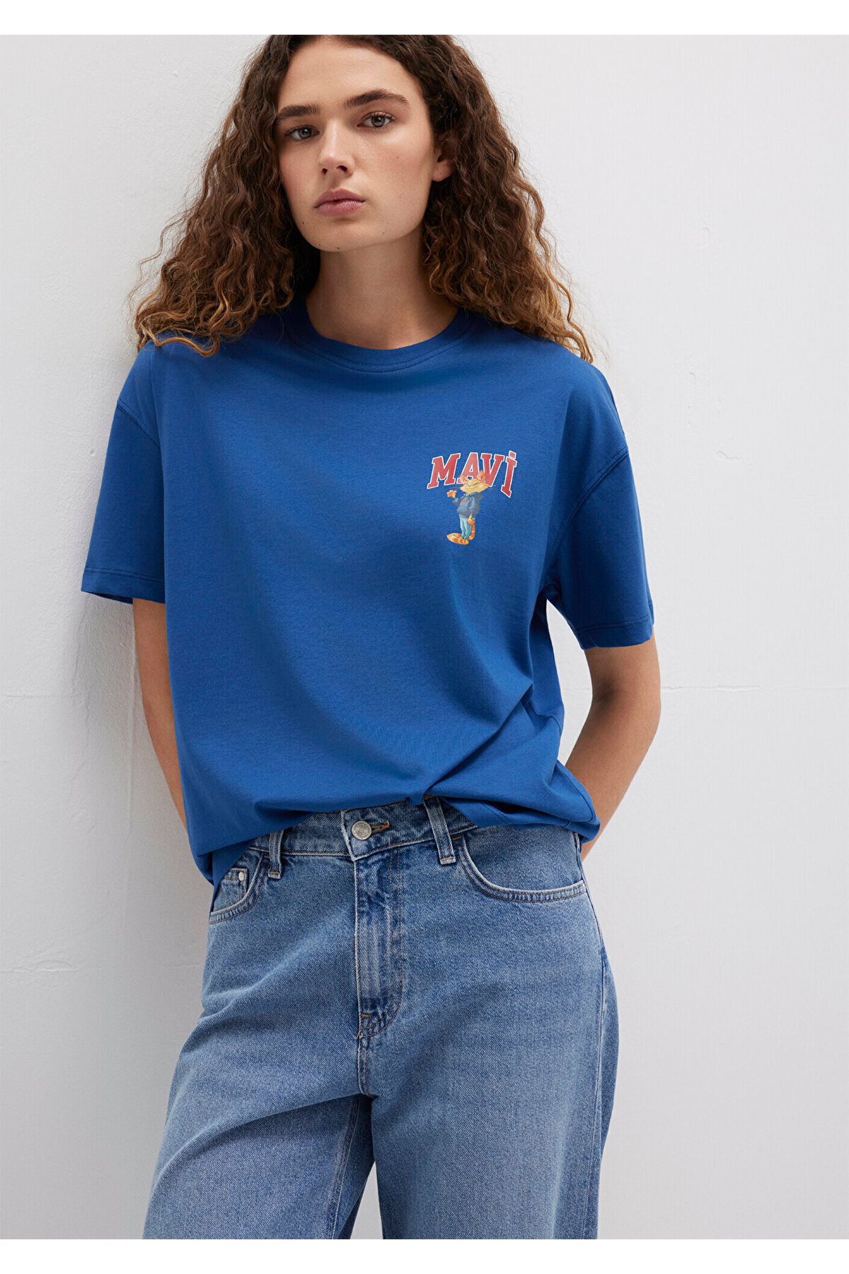Mavi Cat Logo Printed Navy Blue T-Shirt Loose Fit / Loose Relaxed Cut 1613283 -82625