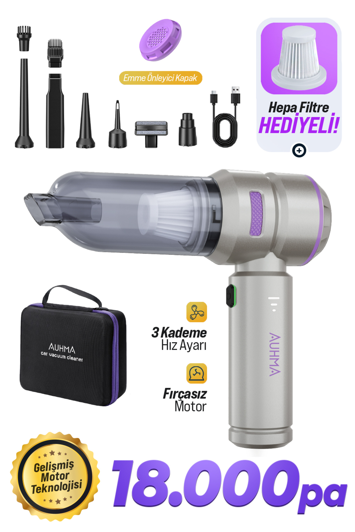 auhma AHV-02 Kablosuz Araç İçi Süpürge Mor | 18000PA Güçlü Vakum | Fırçasız M...