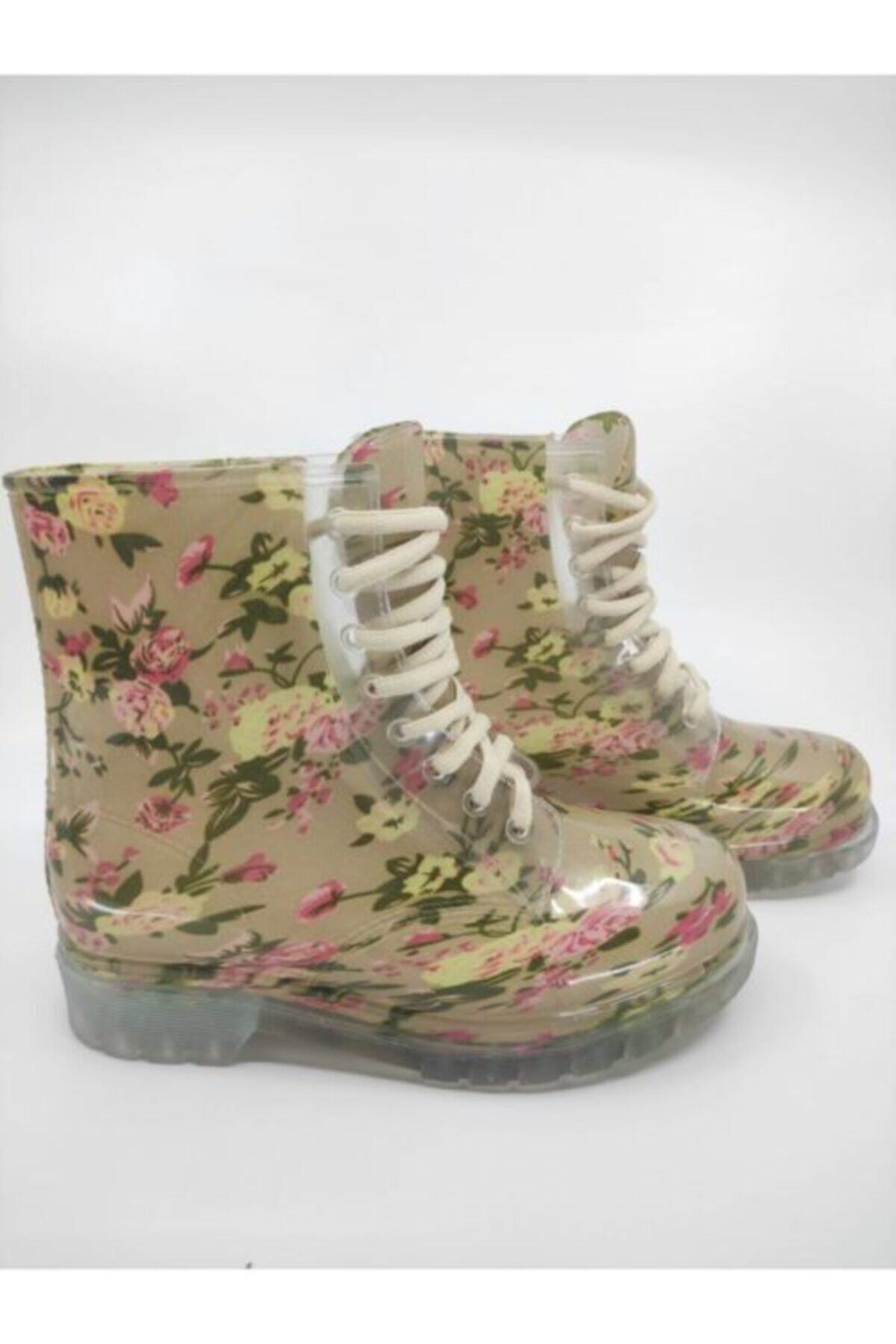 Frida Shoes Frida Kadın Şeffaf Su Geçirmez Bot 13401-bej Çiçek Desenli görsel 4