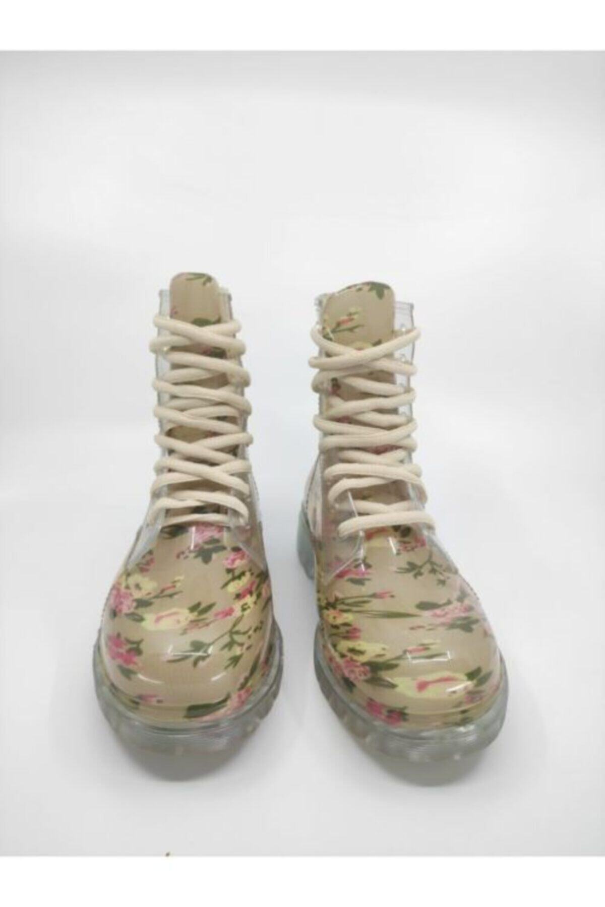Frida Shoes Frida Kadın Şeffaf Su Geçirmez Bot 13401-bej Çiçek Desenli görsel 3