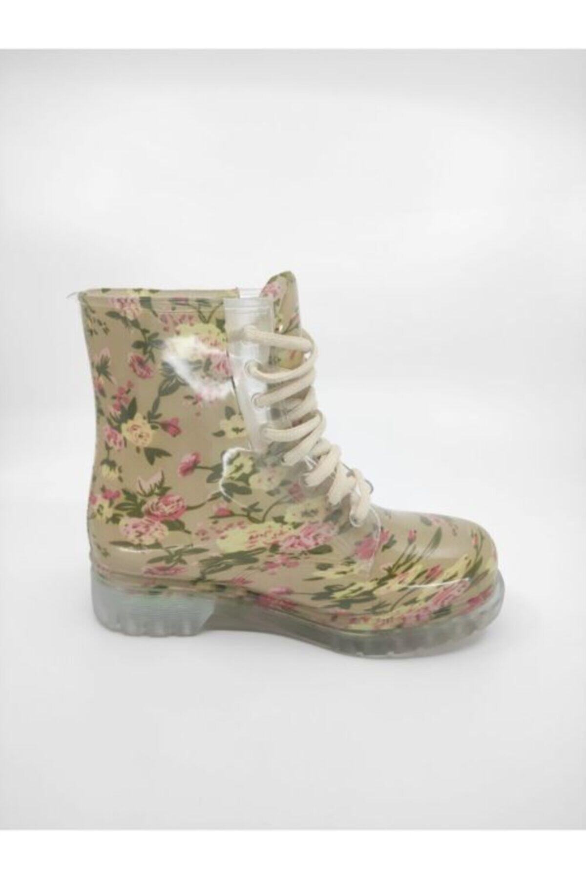 Frida Shoes Frida Kadın Şeffaf Su Geçirmez Bot 13401-bej Çiçek Desenli görsel 7