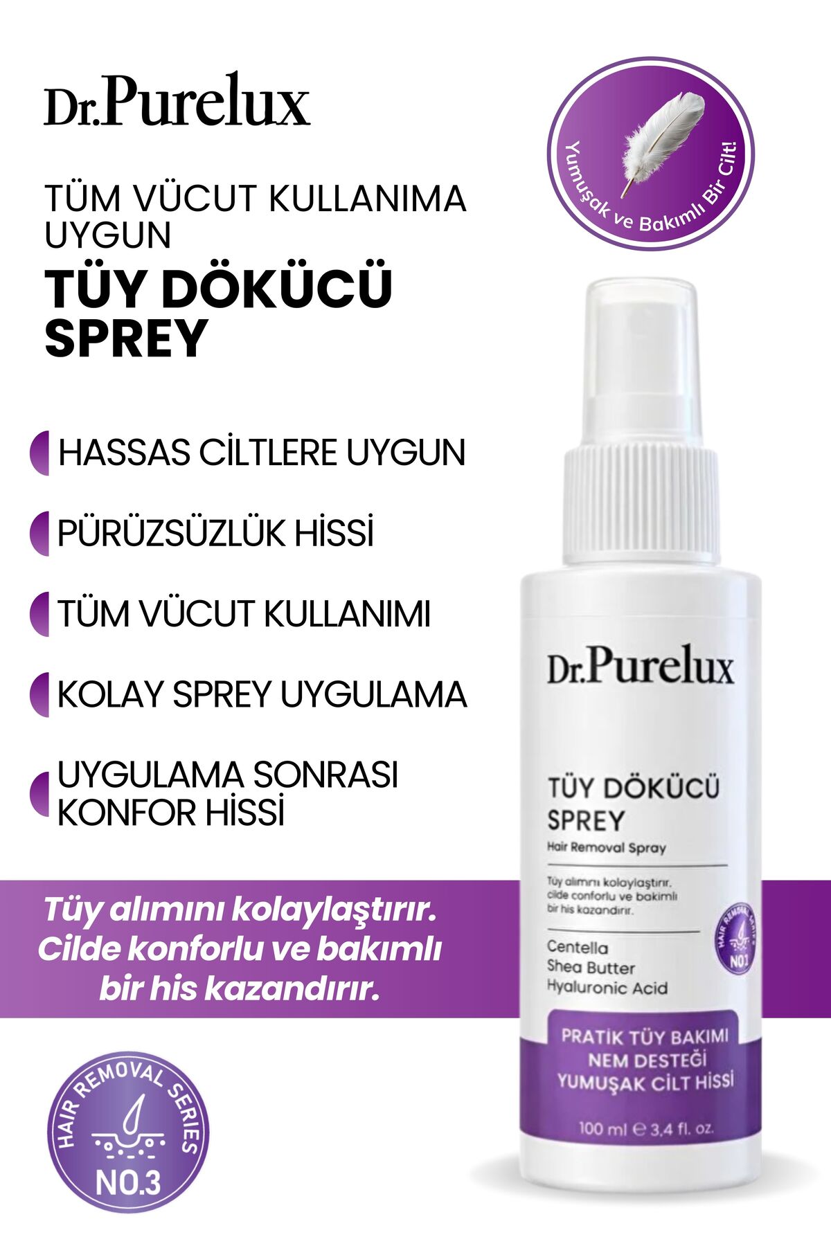 Dr.Purelux Hassas Ciltlere Uygun Tüy Dökücü Sprey – Pürüzsüz ve Yumuşak Cilt Hissi – Tüm Vücut Kullanıma Uygun - Fiyatı, Yorumları