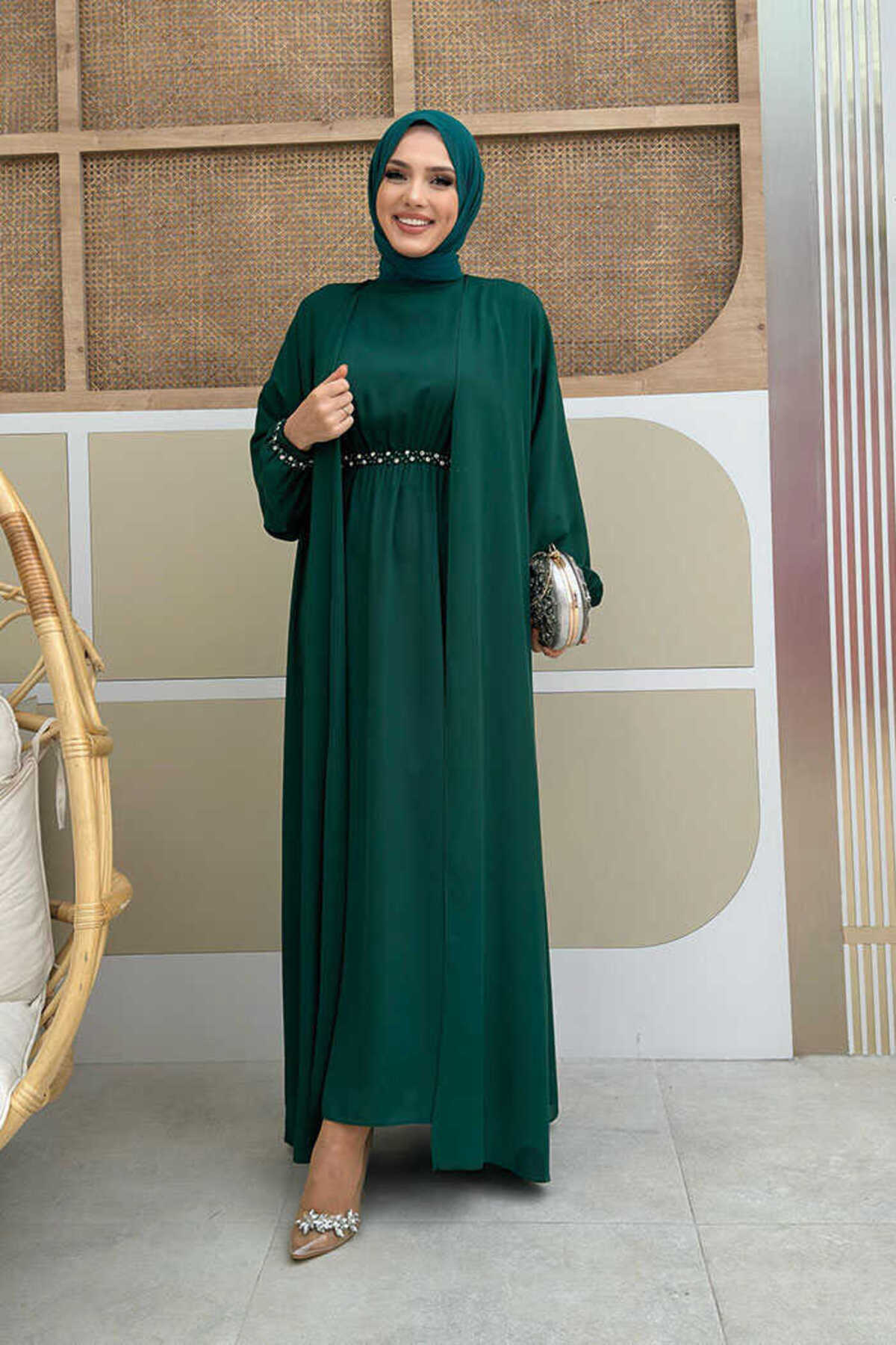 Bym Fashion Waist Ankle Parts Jewelled Dress Abaya Suit 8490 Emerald