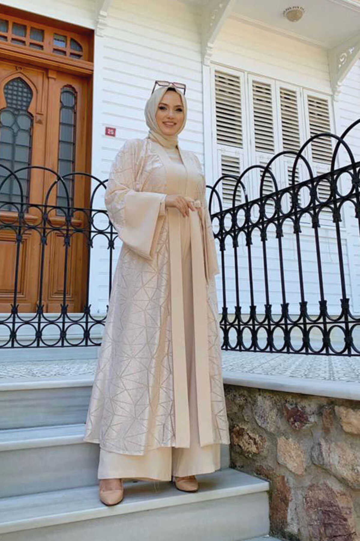 Bym Fashion Lace Abaya Waist Belted Pocket Detailed Jumpsuit Set 3782 Stone