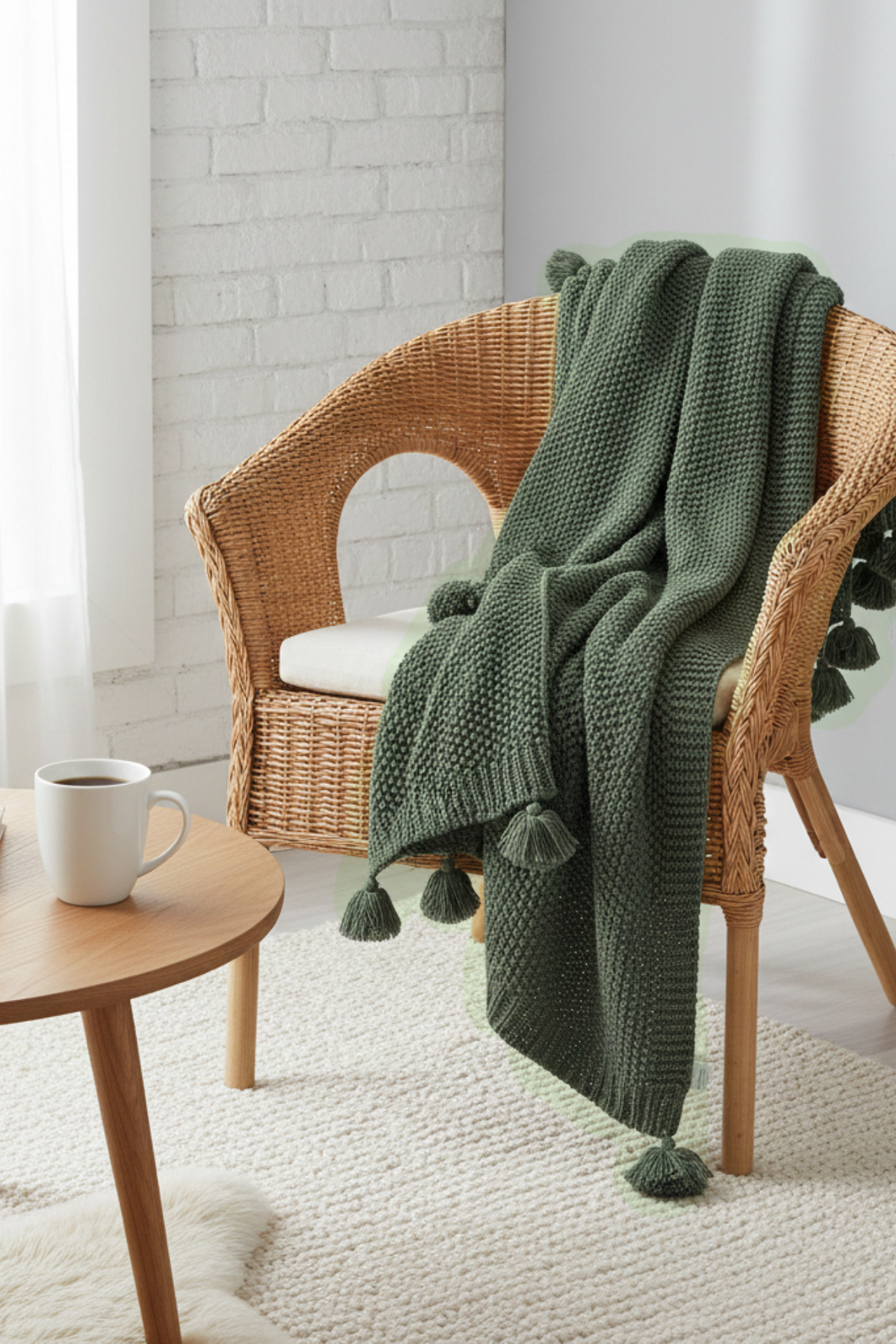 Coco Brass Knit Knitwear Tv Blanket Throw Khaki Knitted Sofa Shawl Pompom