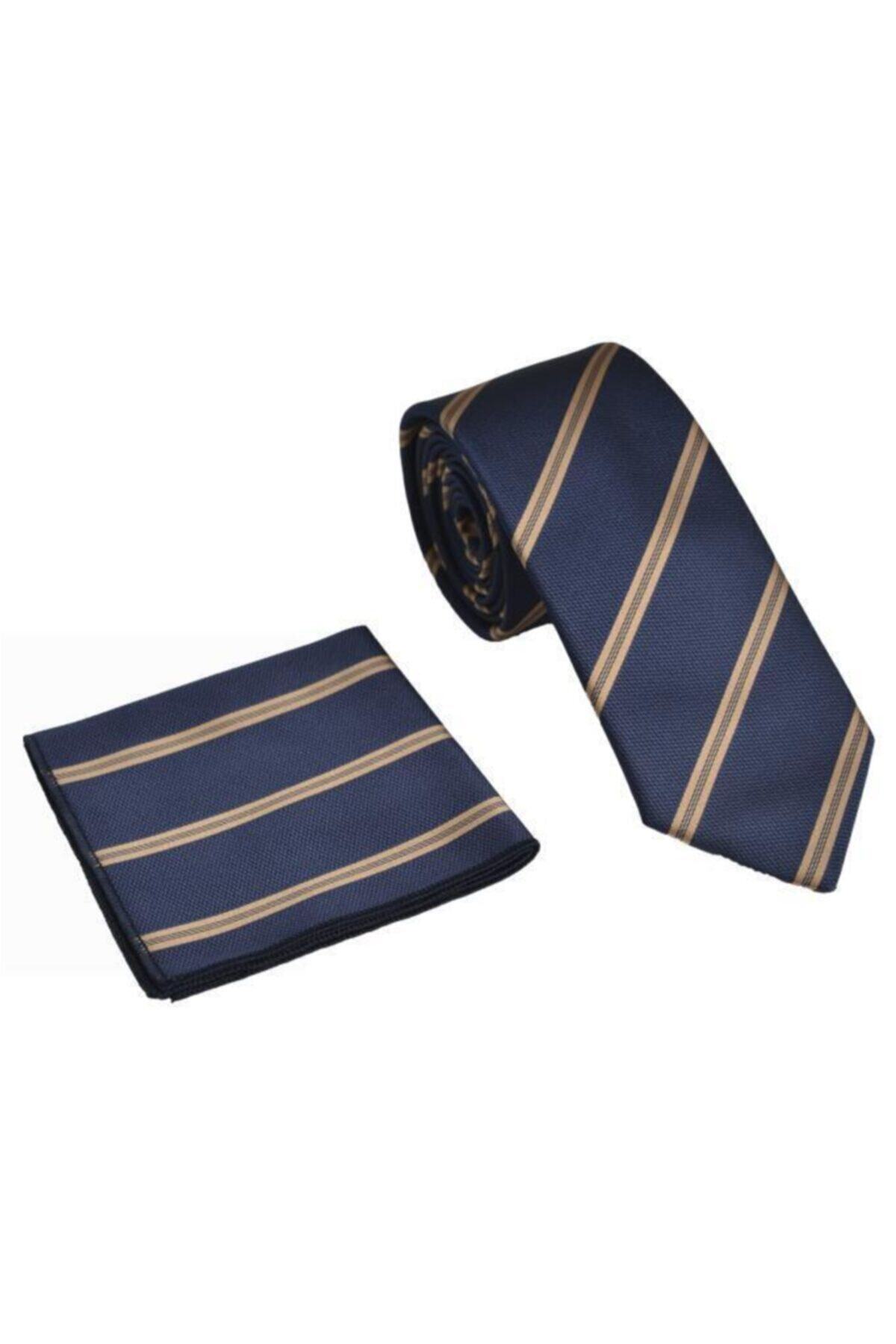 Brianze  8 Cm Vizon Çizgili Lacivert Mendilli Kravat - Görsel 4