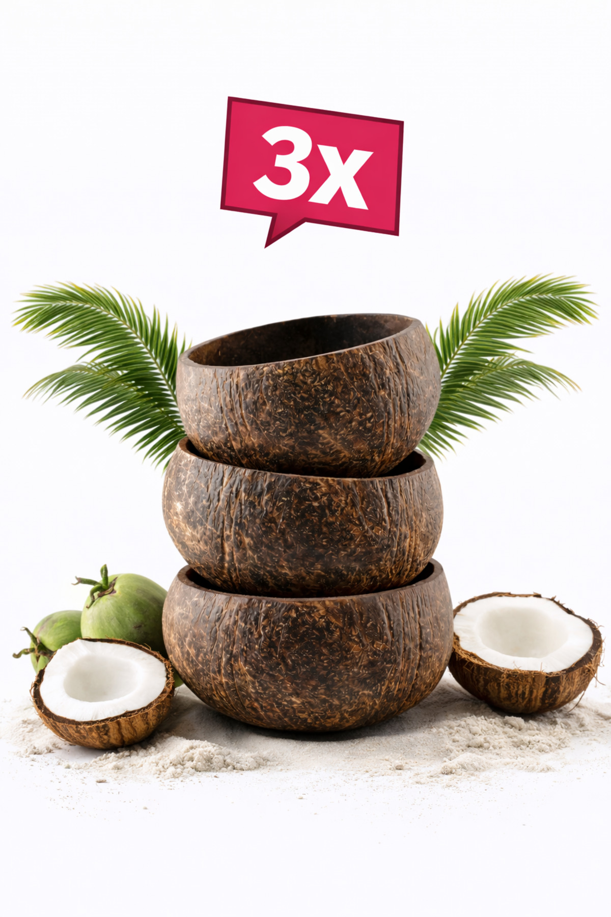 Coconut Bowl – 3-Pack – Rough - Jumbo – Handmade - Natural – Salad and Snack Bowl – Matte
