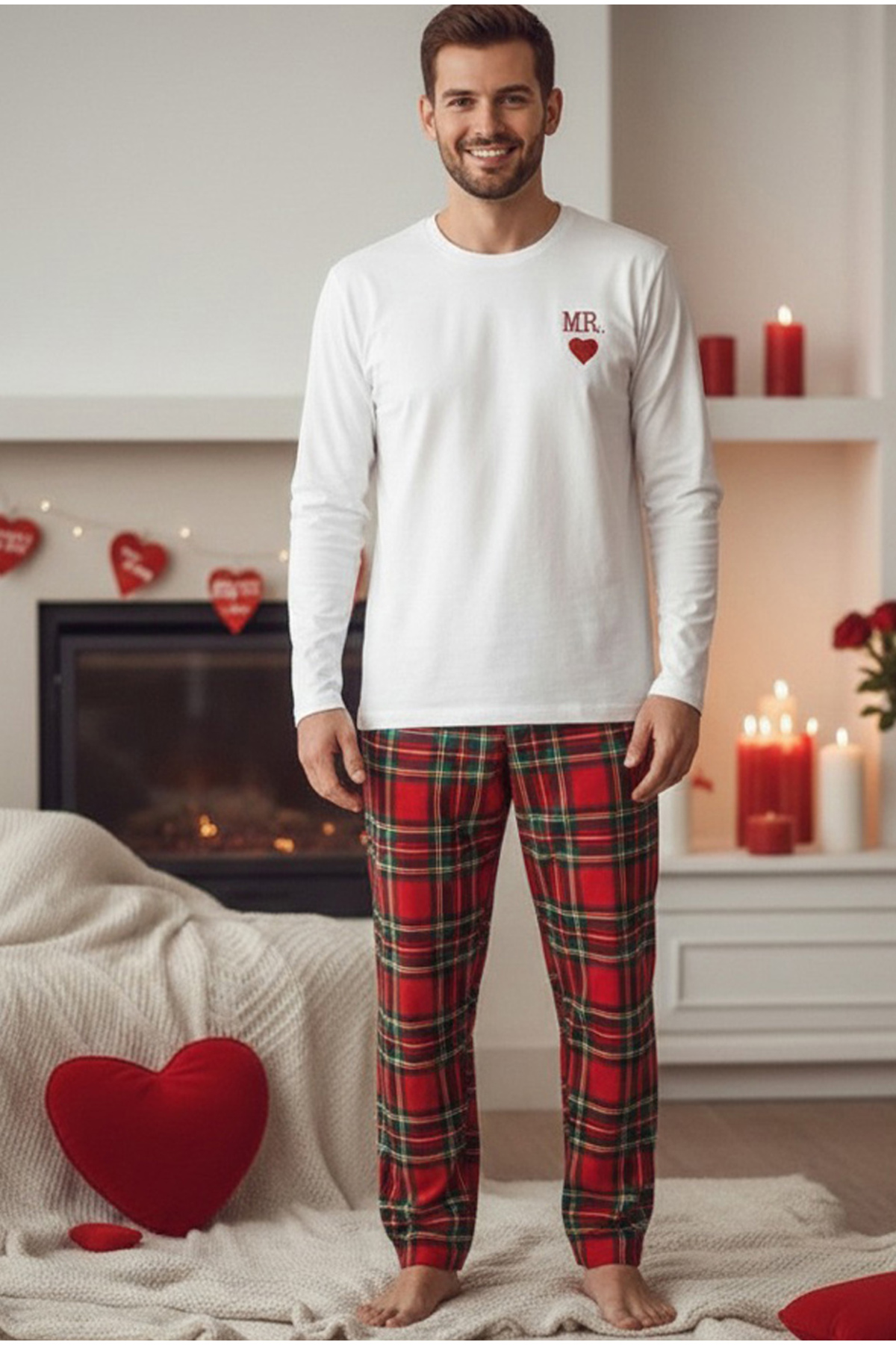 Siyah İnci  ERKEK ekru kırmızı ekose desenli Sevgililer günü Valentine's Day Temalı Örme Pijama Takım 7969 - Görsel 2