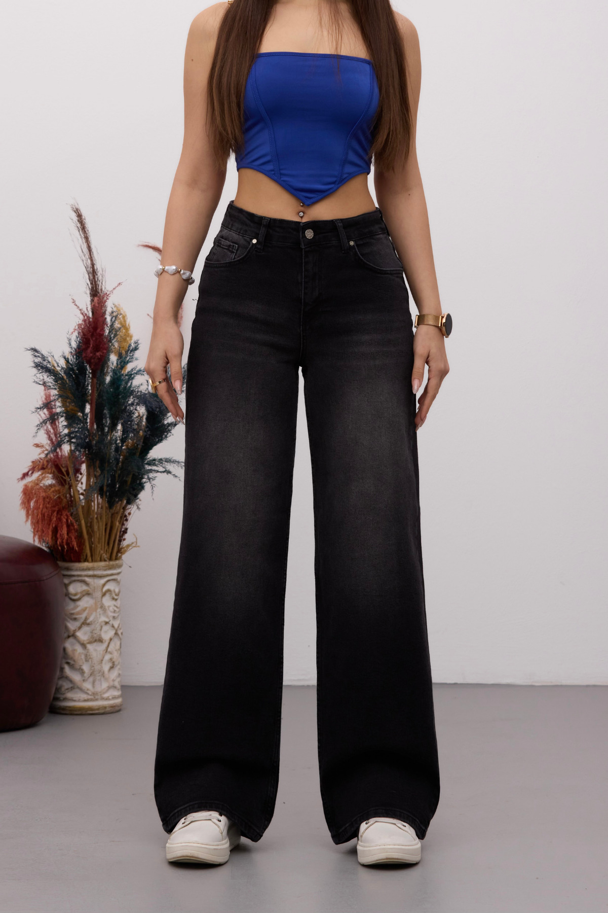 BİKELİFE  Kadın Yüksek Bel Esnek Soluk Efektli Vintage Geniş Paça Wide Leg Rahat Jean