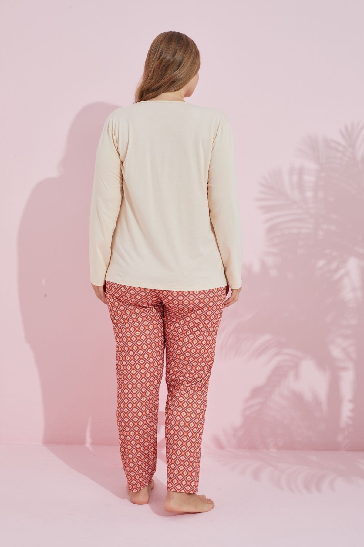 Siyah İnci krem çokrenkli Pamuklu Curve Büyük Beden Battal Boy Örme Pijama Takım24240743 görsel 3