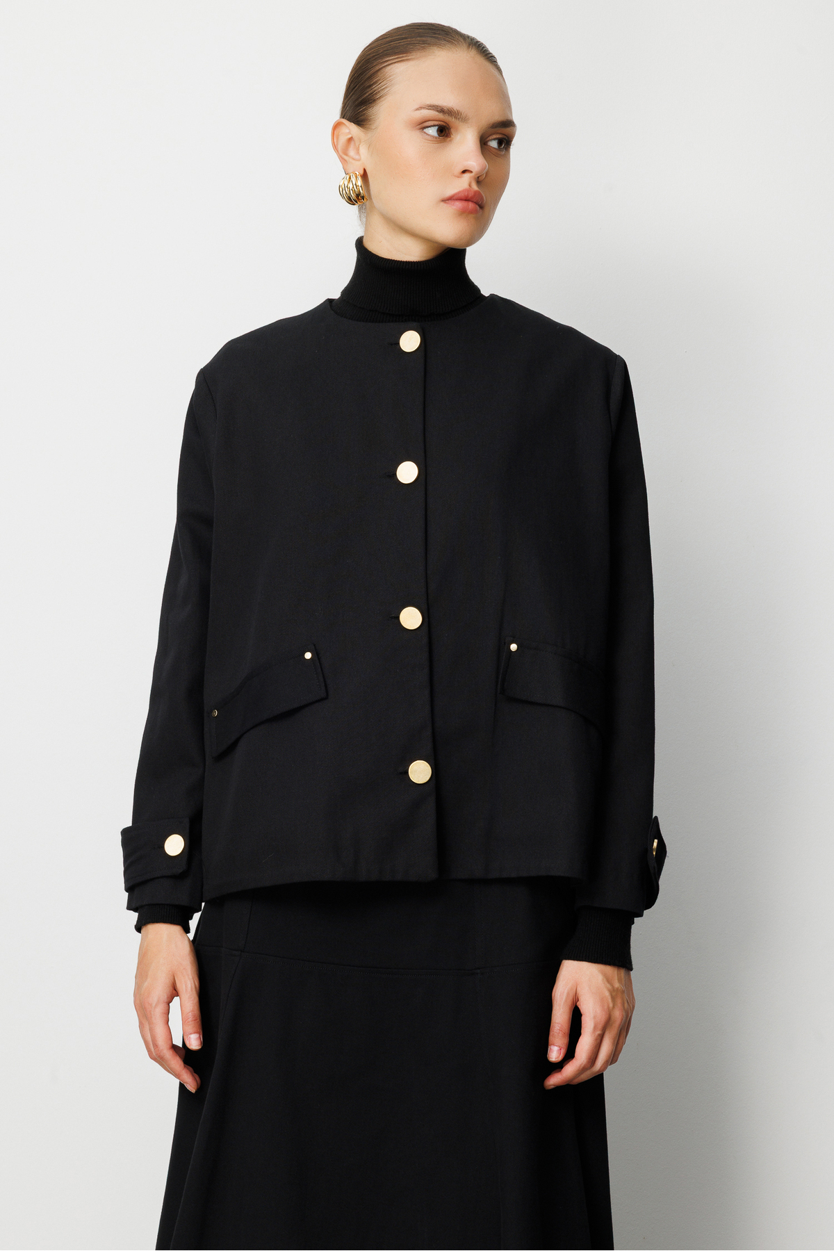 Black Round Neck Gold Buttoned Oversize Jacket
