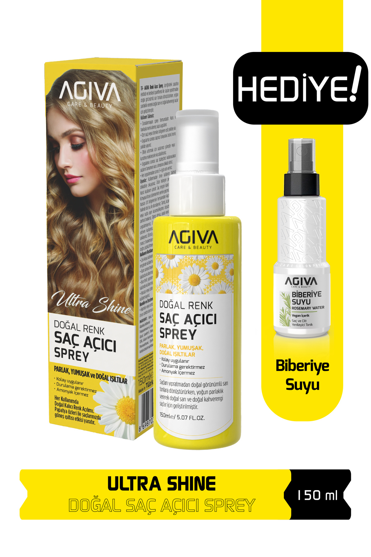 agıva Ultra Shine Doğal Renk Saç Açıcı Sprey 150ml - 100Ml Biberiye Suyu Hediye — 001-SAC-003
