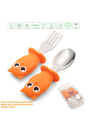 jojobebek Turuncu Baykuş Figürlü Premium Çocuk BPA Free Silikon Sap Paslanmaz...